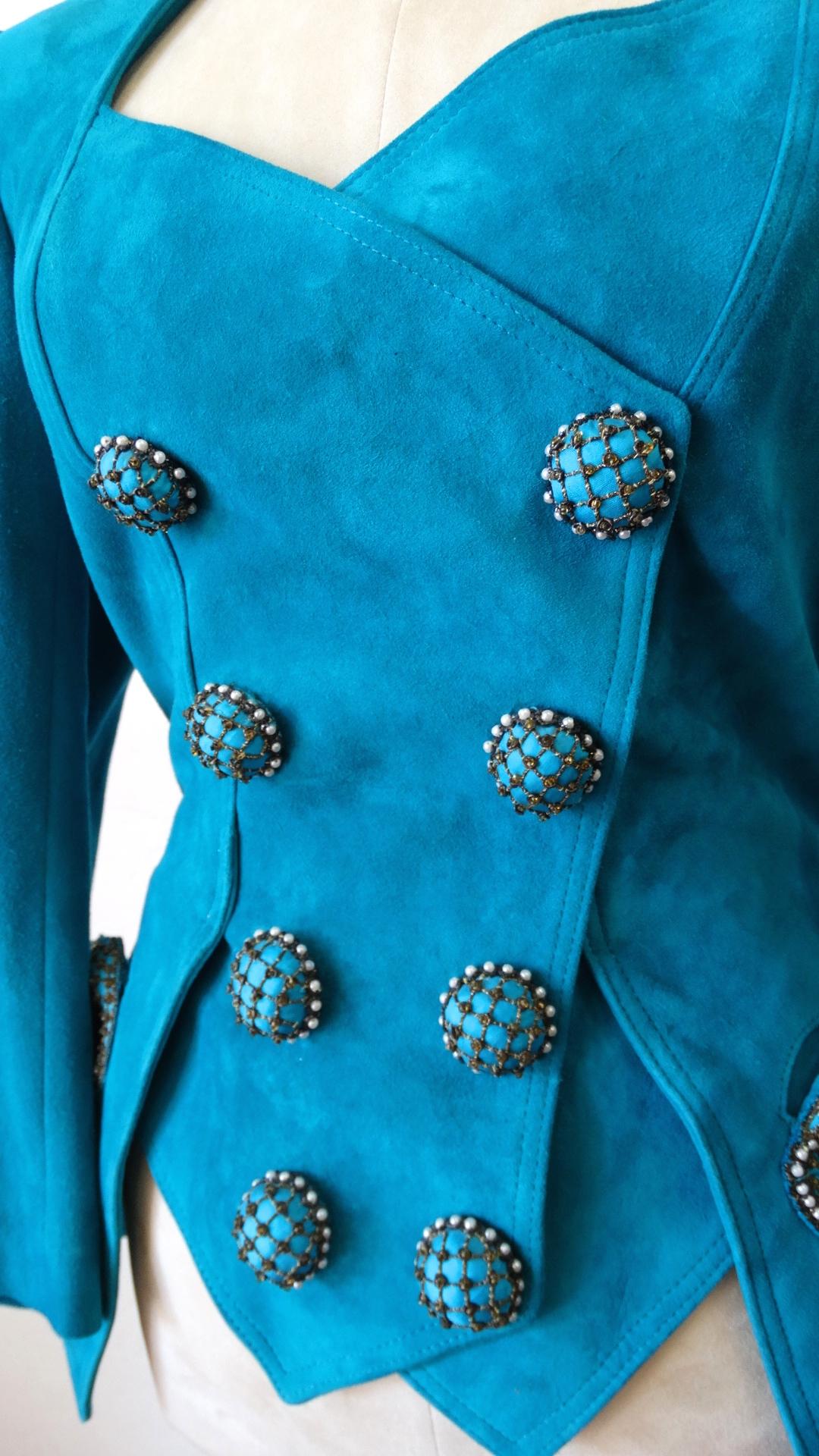Jean Claude Jitrois 1980s Embellished Teal Leather Blazer For Sale 9