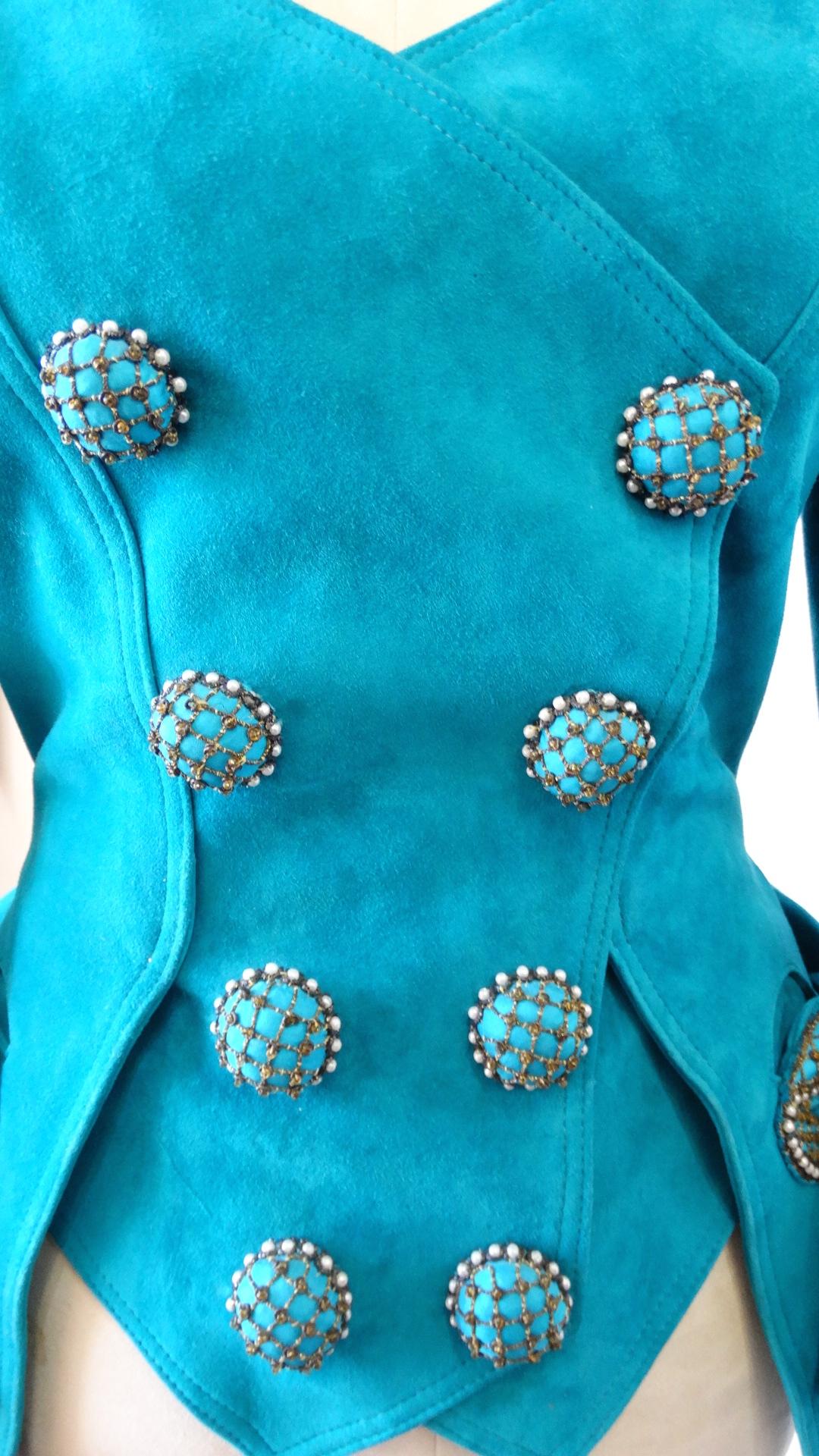 Jean Claude Jitrois 1980s Embellished Teal Leather Blazer For Sale 11