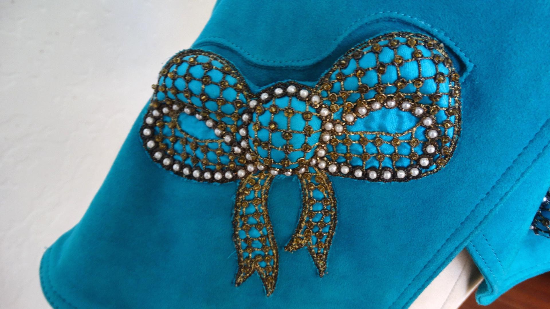 Blue Jean Claude Jitrois 1980s Embellished Teal Leather Blazer For Sale