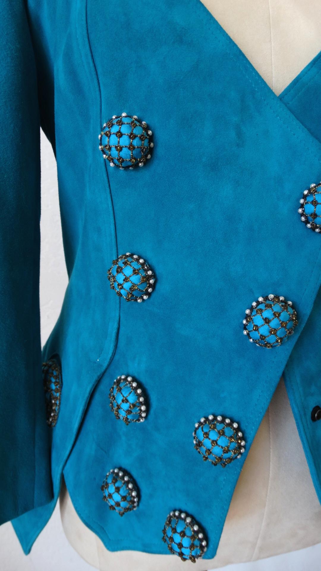 Jean Claude Jitrois 1980s Embellished Teal Leather Blazer In Good Condition For Sale In Scottsdale, AZ
