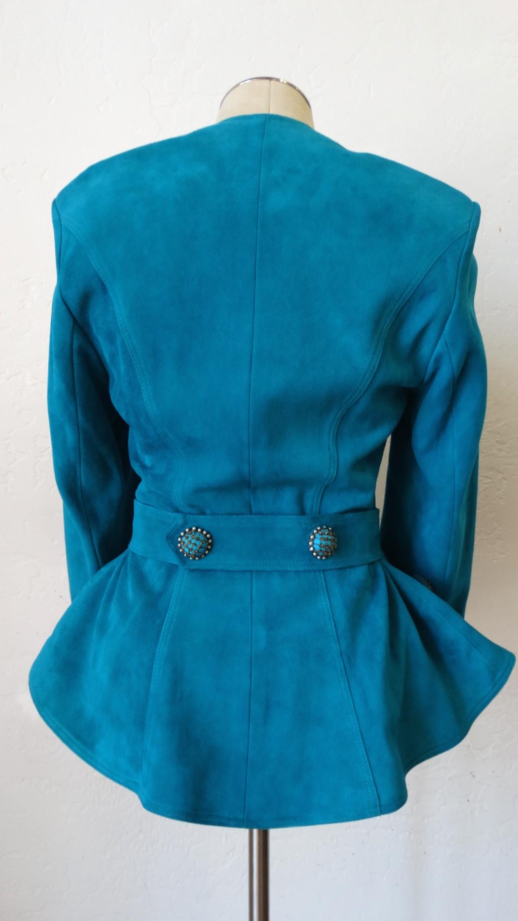 Jean Claude Jitrois 1980s Embellished Teal Leather Blazer For Sale 1