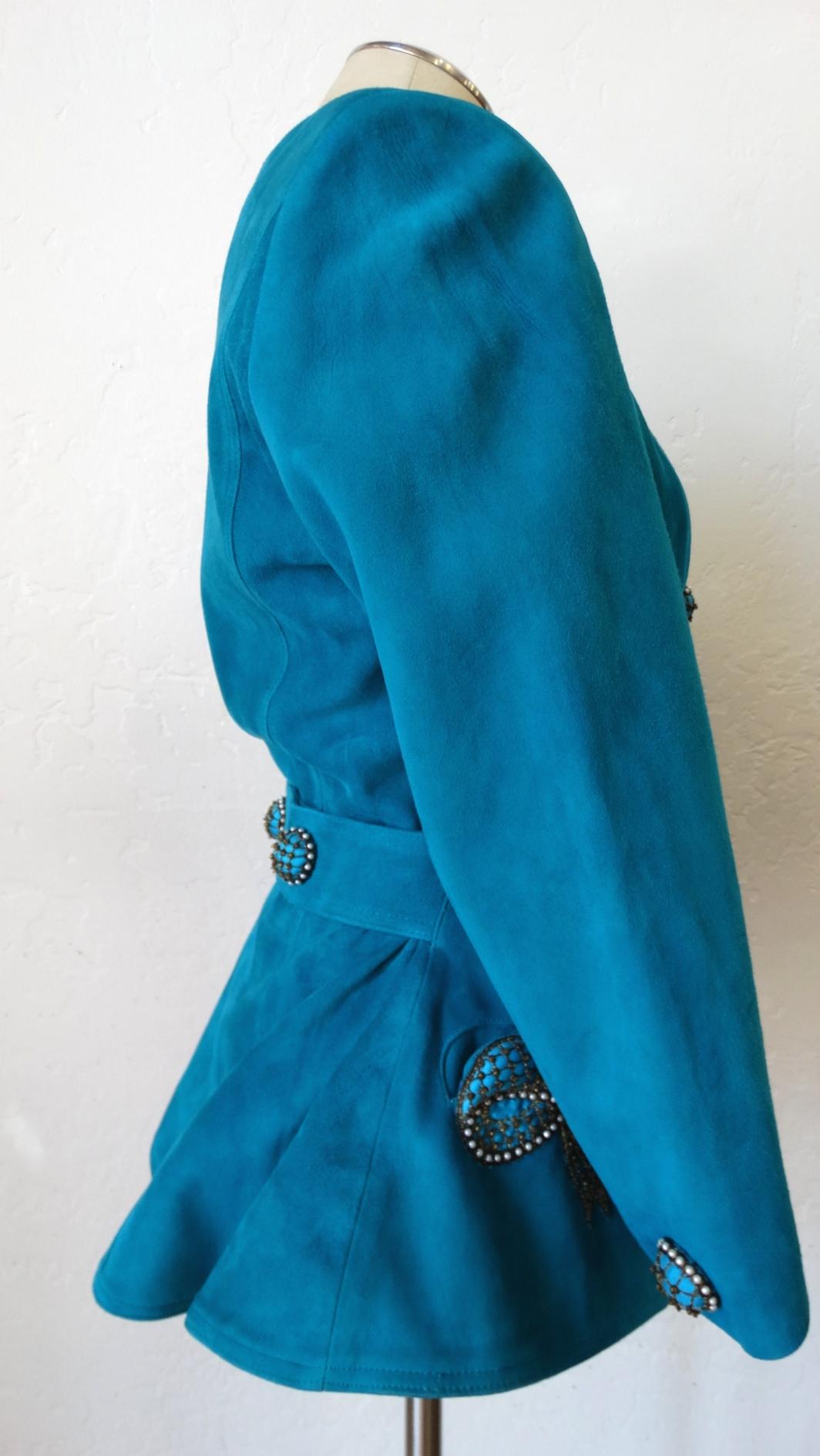 Jean Claude Jitrois 1980s Embellished Teal Leather Blazer For Sale 4