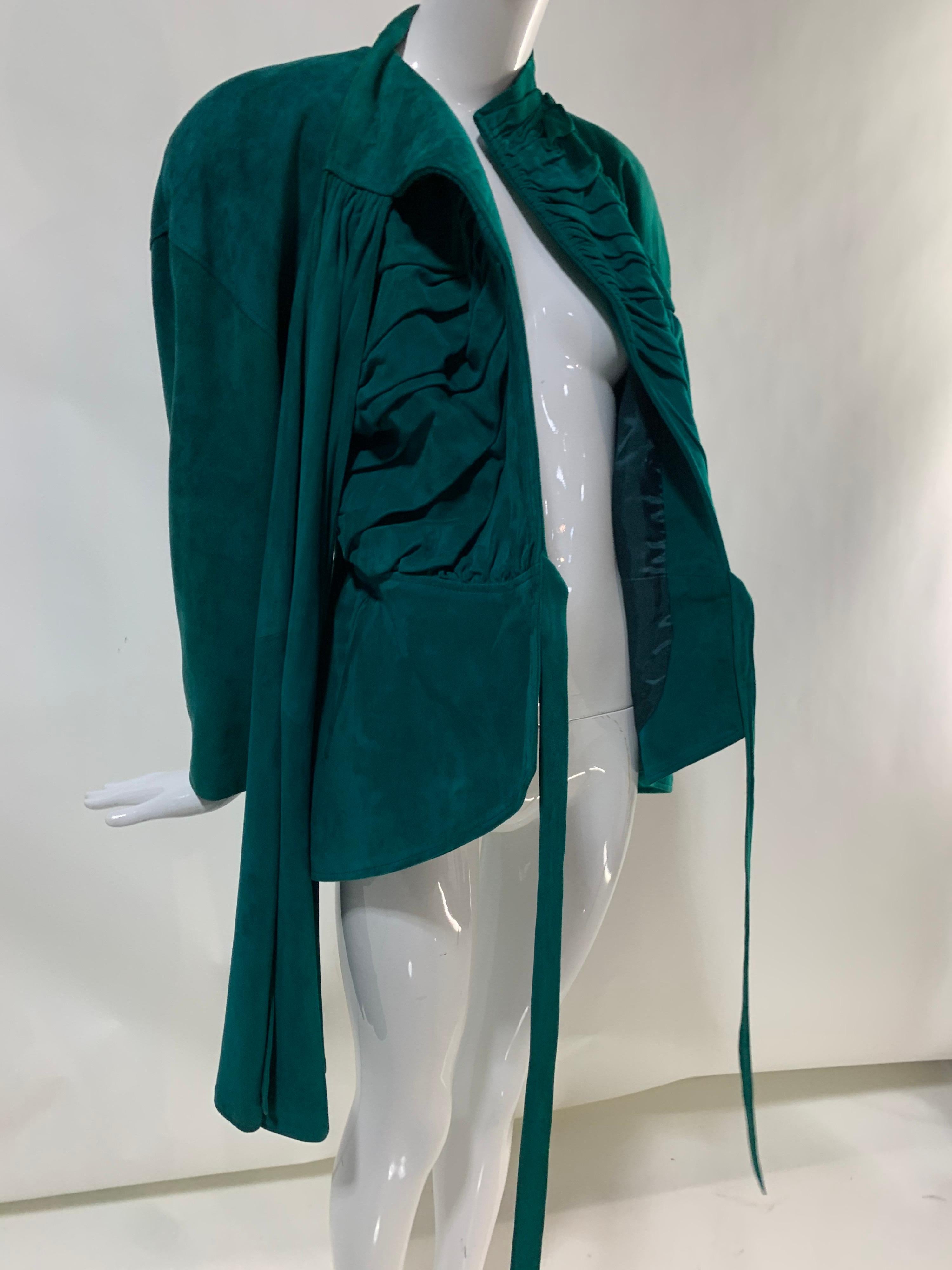 1980s Jean Claude Jitrois Emerald Suede Jacket w/ Gathered Front & Large Foulard For Sale 5