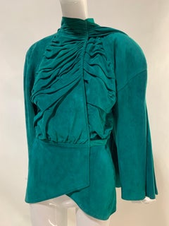 1980s Jean Claude Jitrois Emerald Suede Jacket w/ Gathered Front & Large Foulard