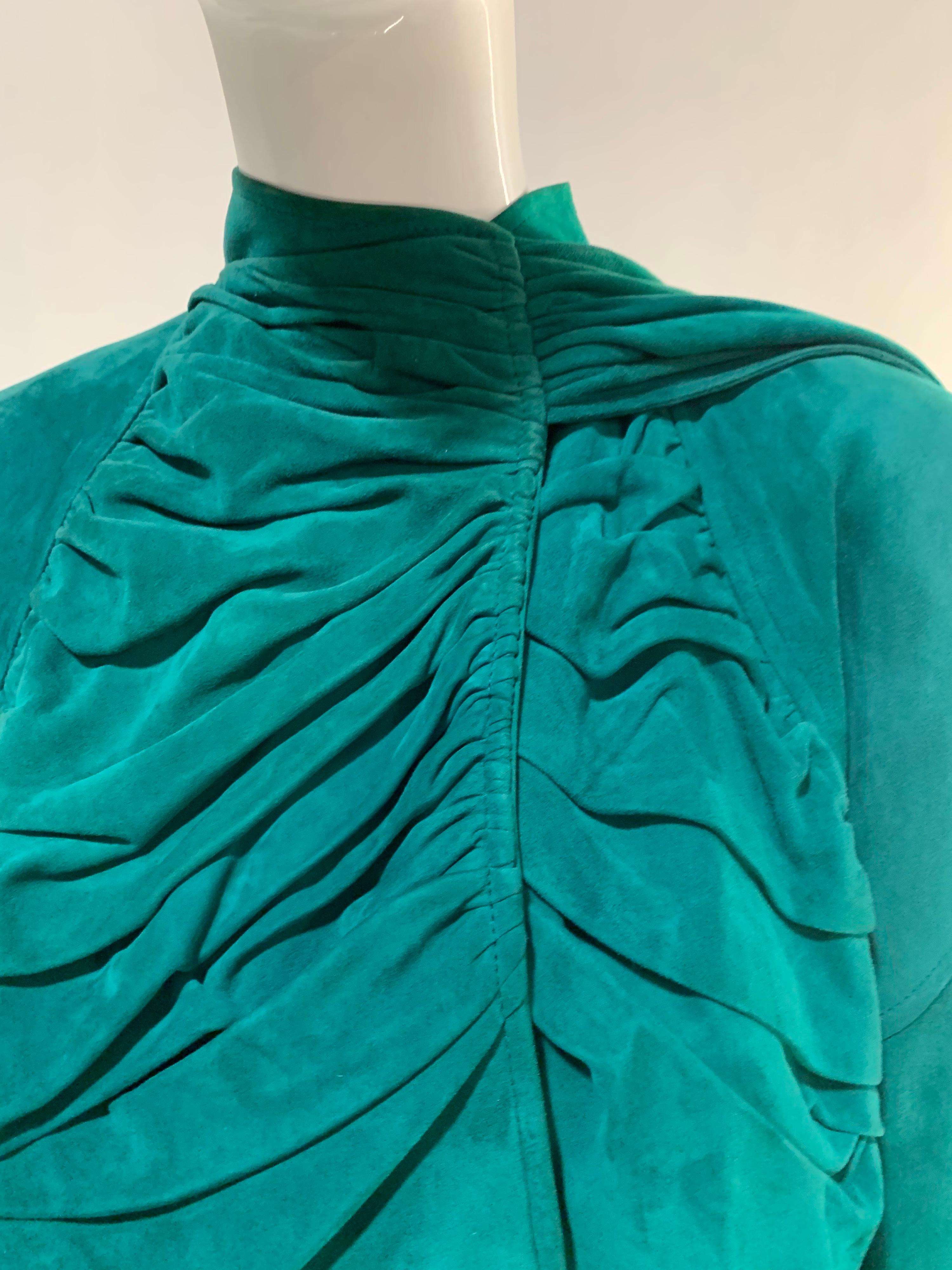Blue 1980s Jean Claude Jitrois Emerald Suede Jacket w/ Gathered Front & Large Foulard For Sale