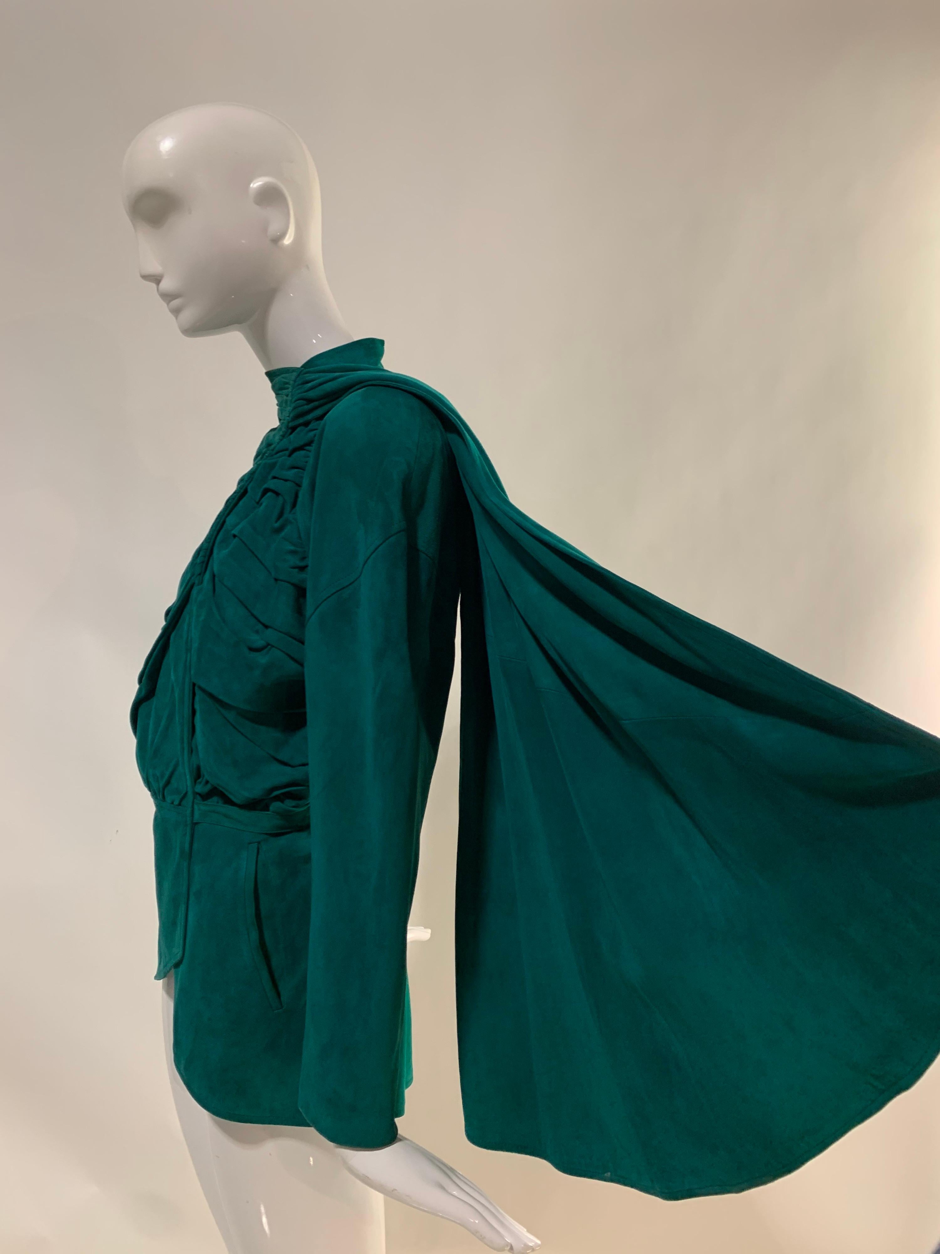 1980s Jean Claude Jitrois Emerald Suede Jacket w/ Gathered Front & Large Foulard In Excellent Condition For Sale In Gresham, OR