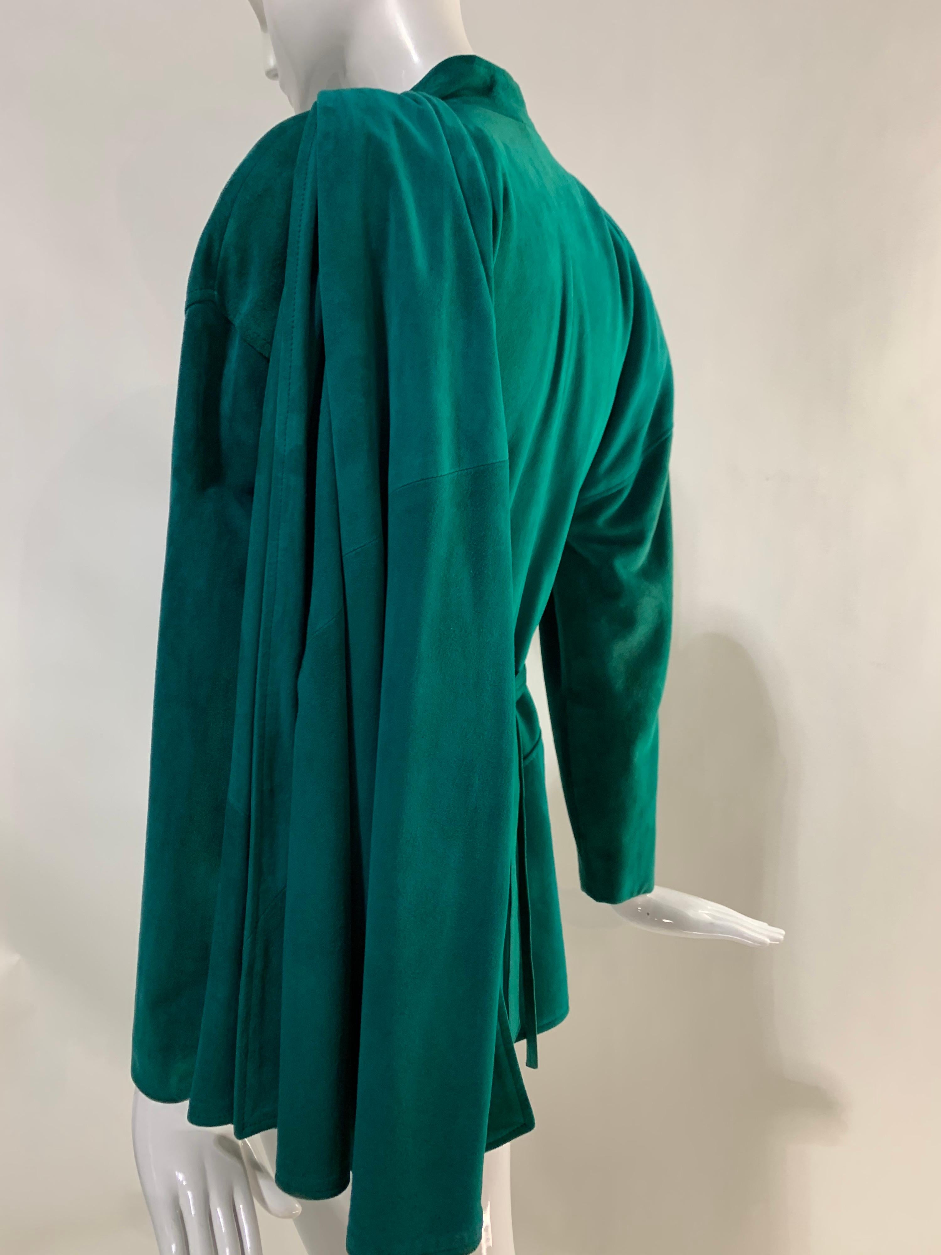 Women's 1980s Jean Claude Jitrois Emerald Suede Jacket w/ Gathered Front & Large Foulard For Sale