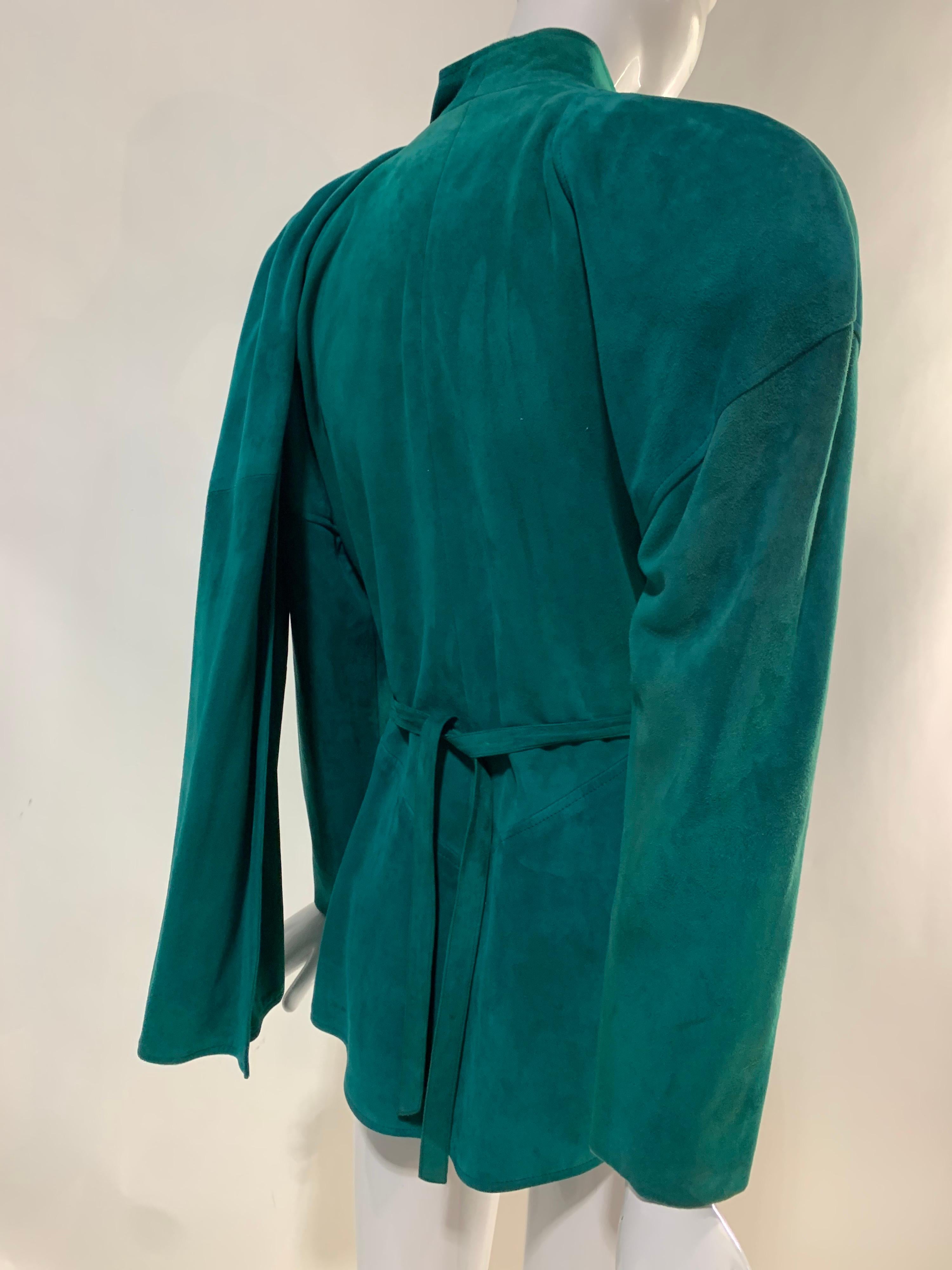 1980s Jean Claude Jitrois Emerald Suede Jacket w/ Gathered Front & Large Foulard For Sale 1