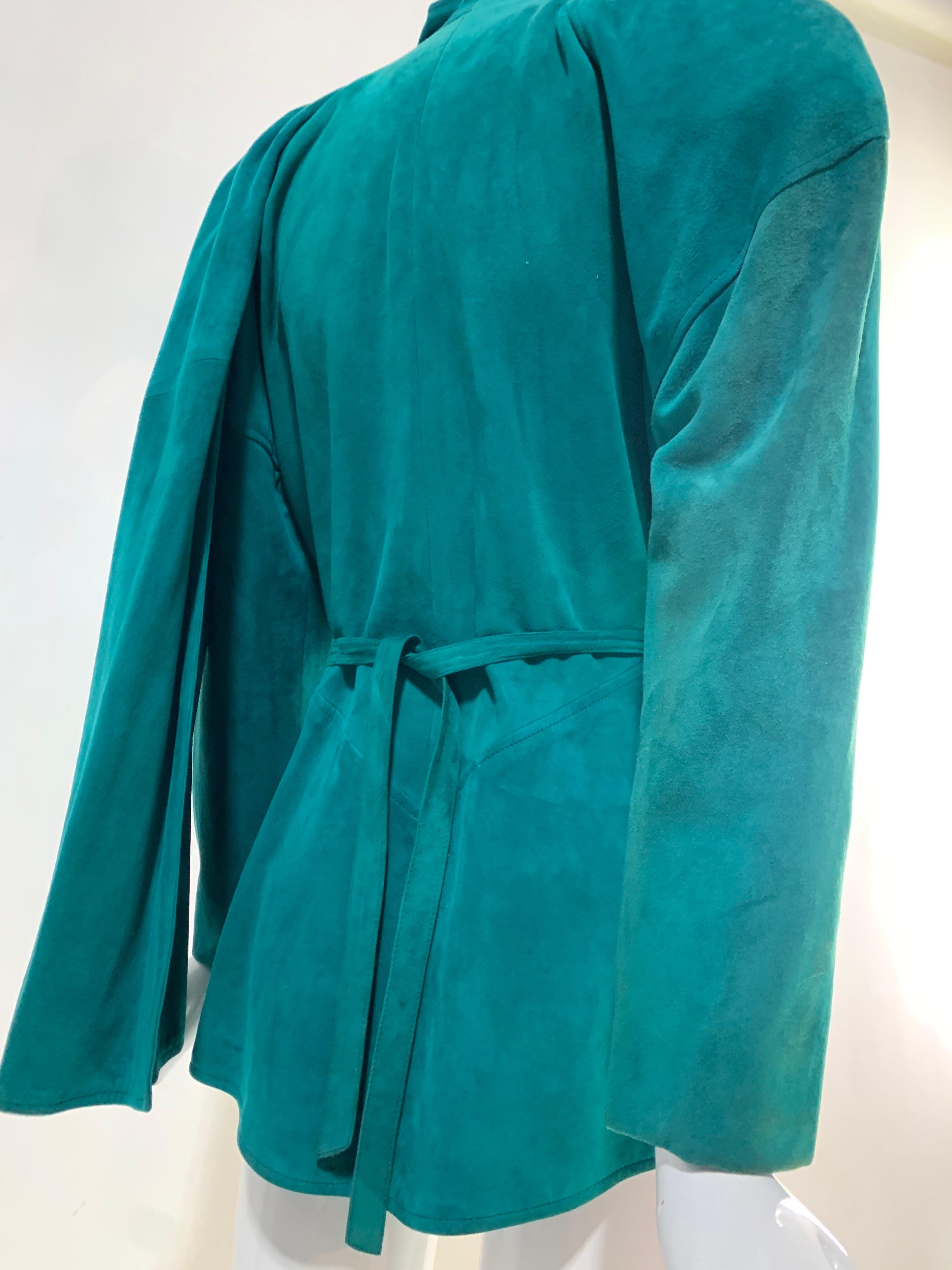 1980s Jean Claude Jitrois Emerald Suede Jacket w/ Gathered Front & Large Foulard For Sale 2