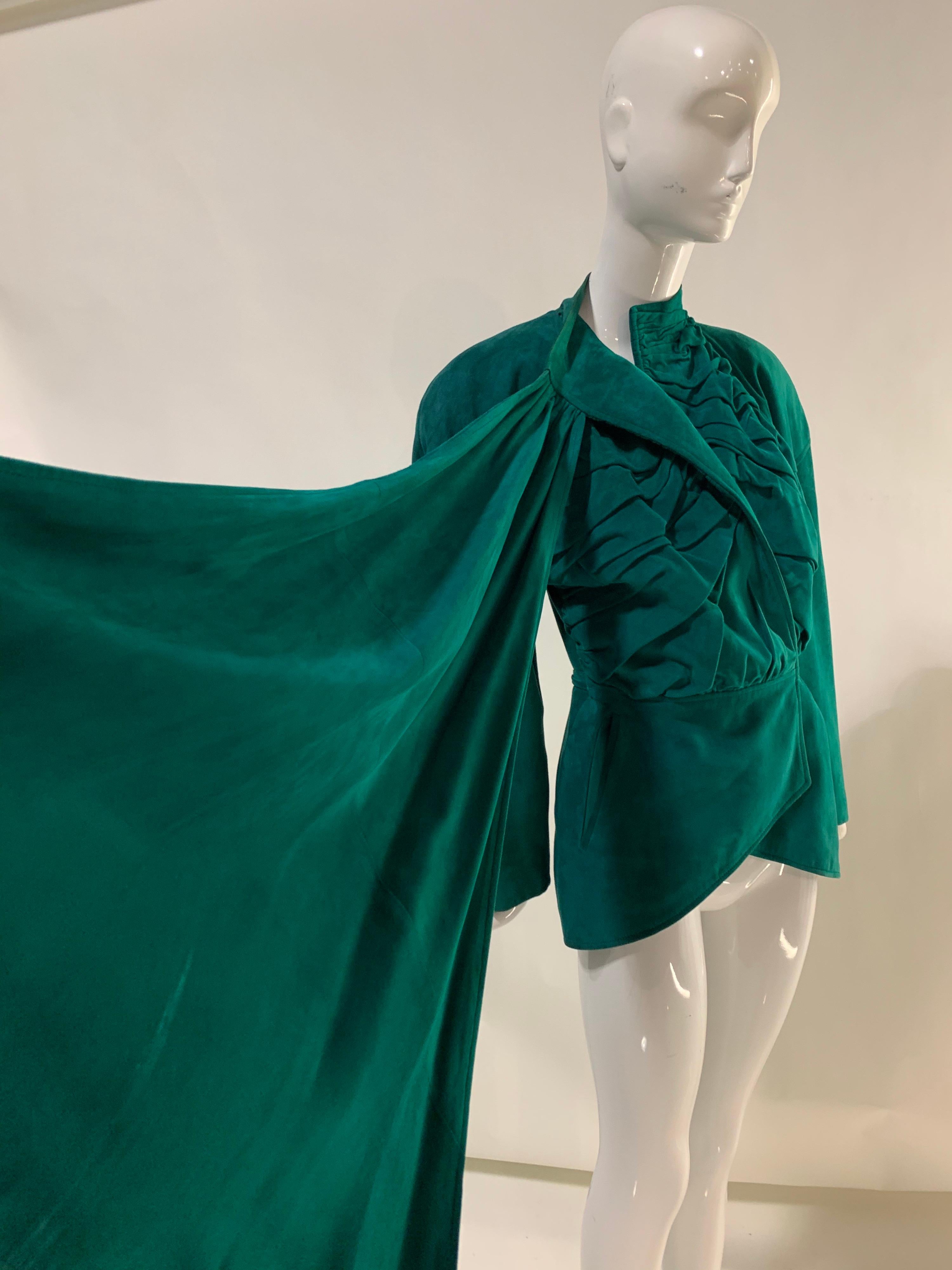 1980s Jean Claude Jitrois Emerald Suede Jacket w/ Gathered Front & Large Foulard For Sale 3