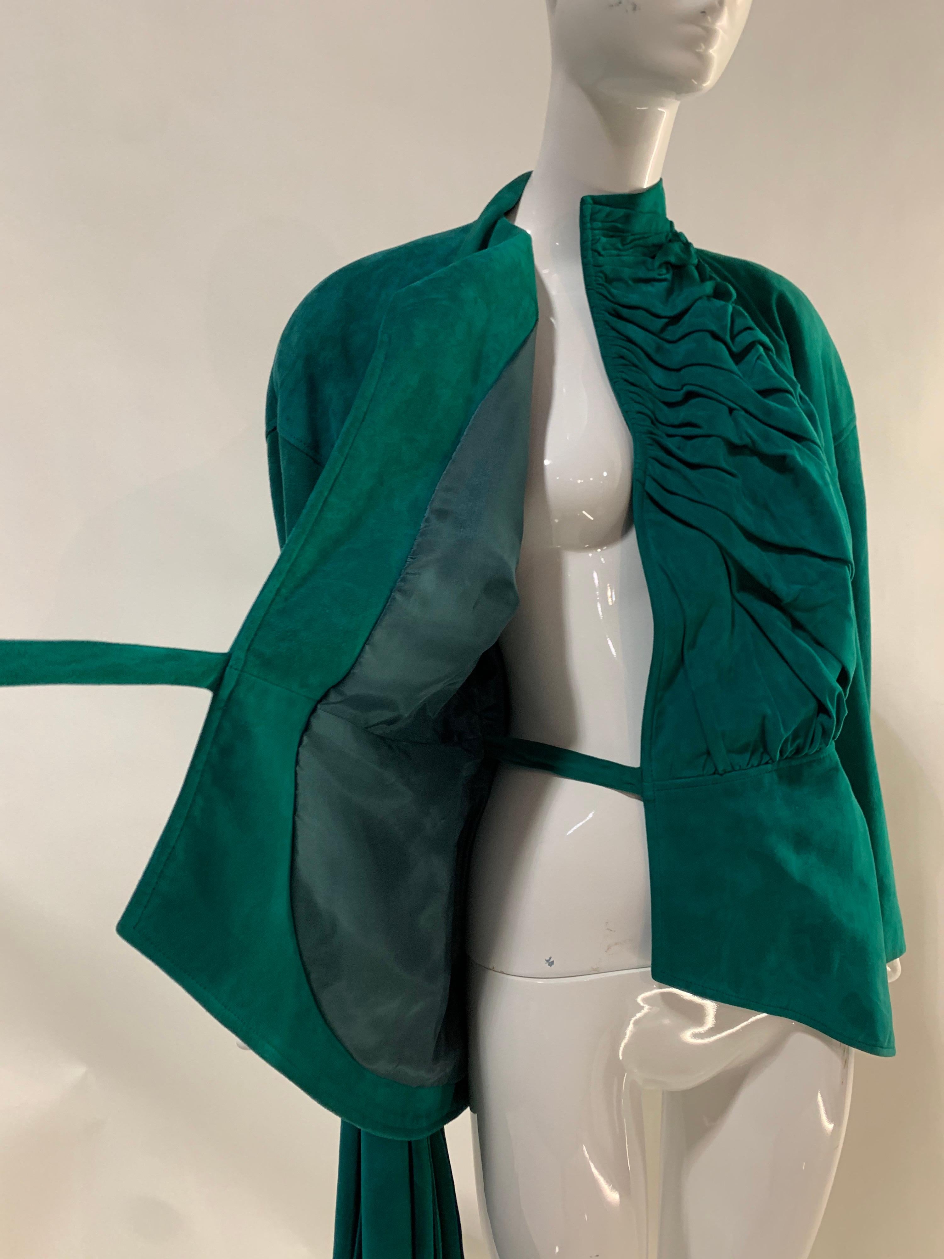 1980s Jean Claude Jitrois Emerald Suede Jacket w/ Gathered Front & Large Foulard For Sale 4