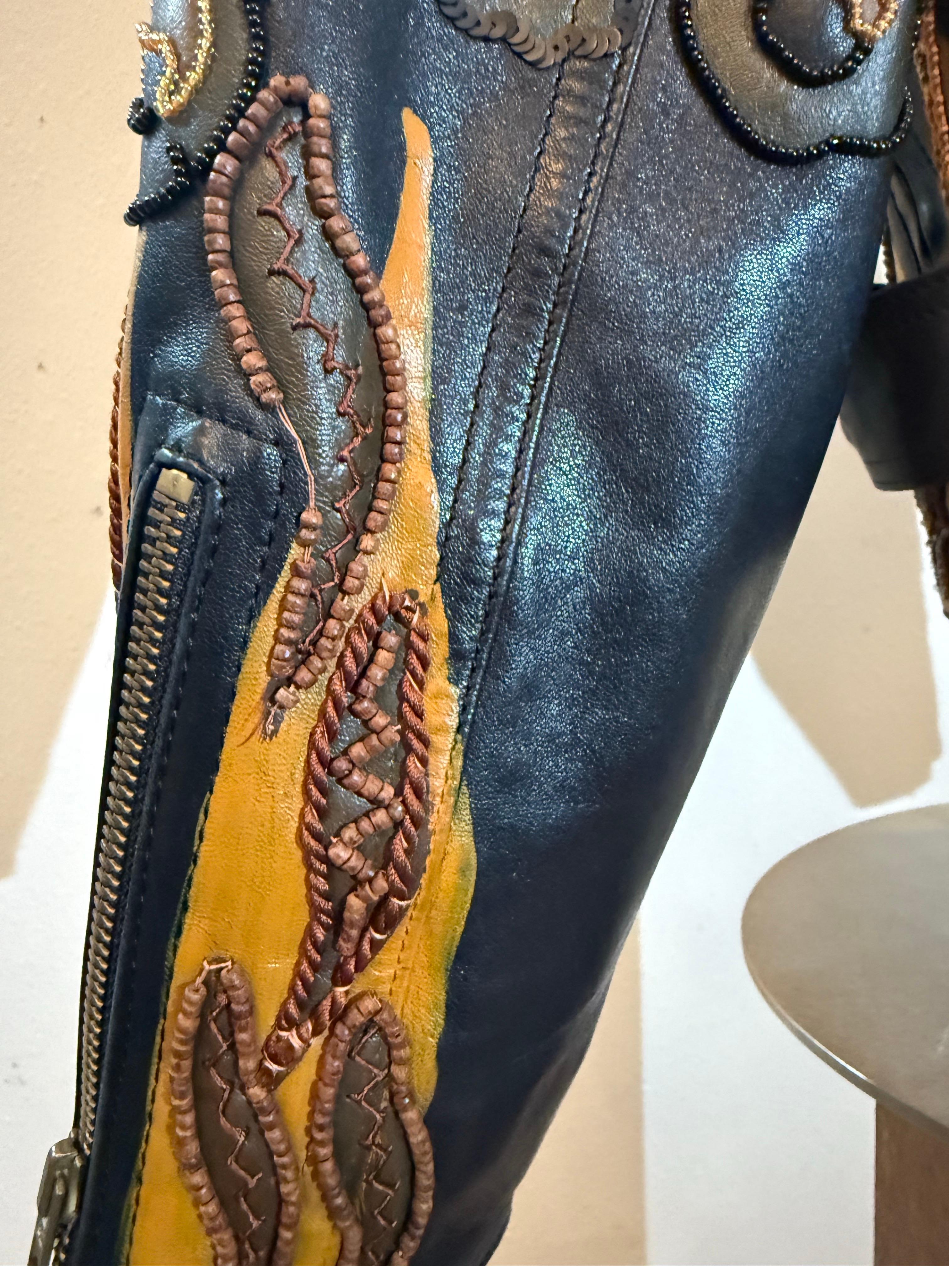 1980s Jean Claude Jitrois Leather Biker Jacket w Huge Painted Beaded Tiger Motif For Sale 5
