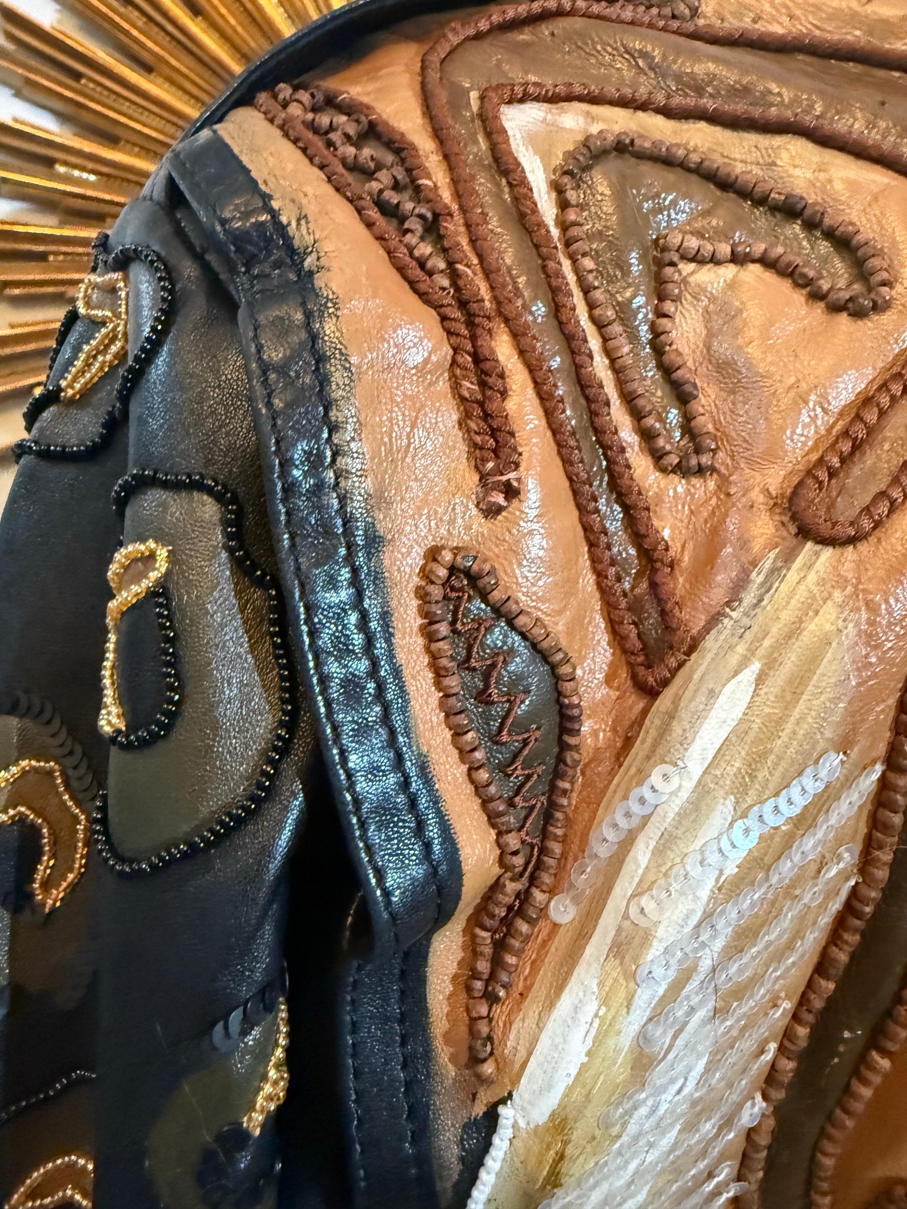 1980s Jean Claude Jitrois Leather Biker Jacket w Huge Painted Beaded Tiger Motif For Sale 6
