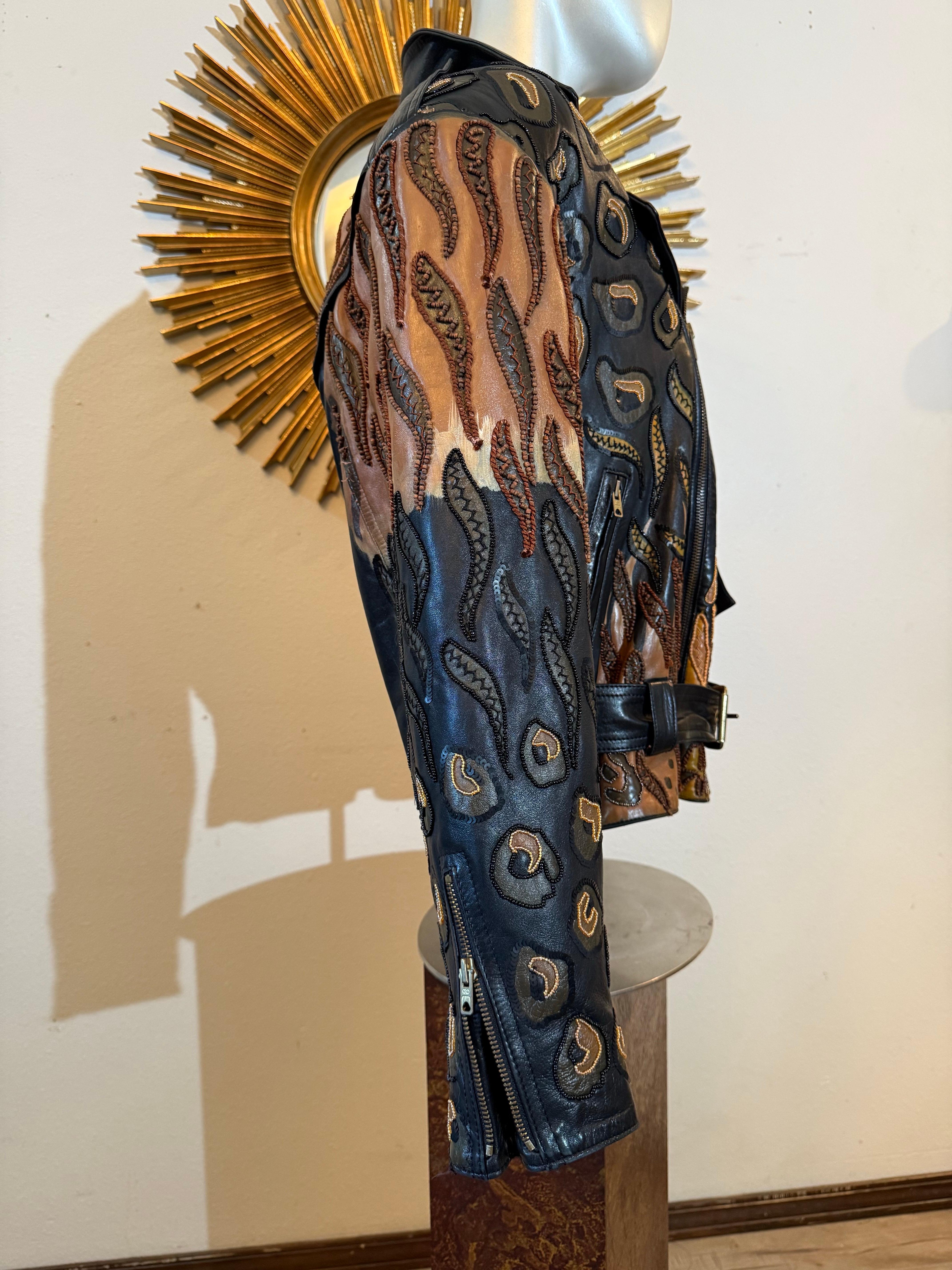 1980s Jean Claude Jitrois Leather Biker Jacket w Huge Painted Beaded Tiger Motif For Sale 7