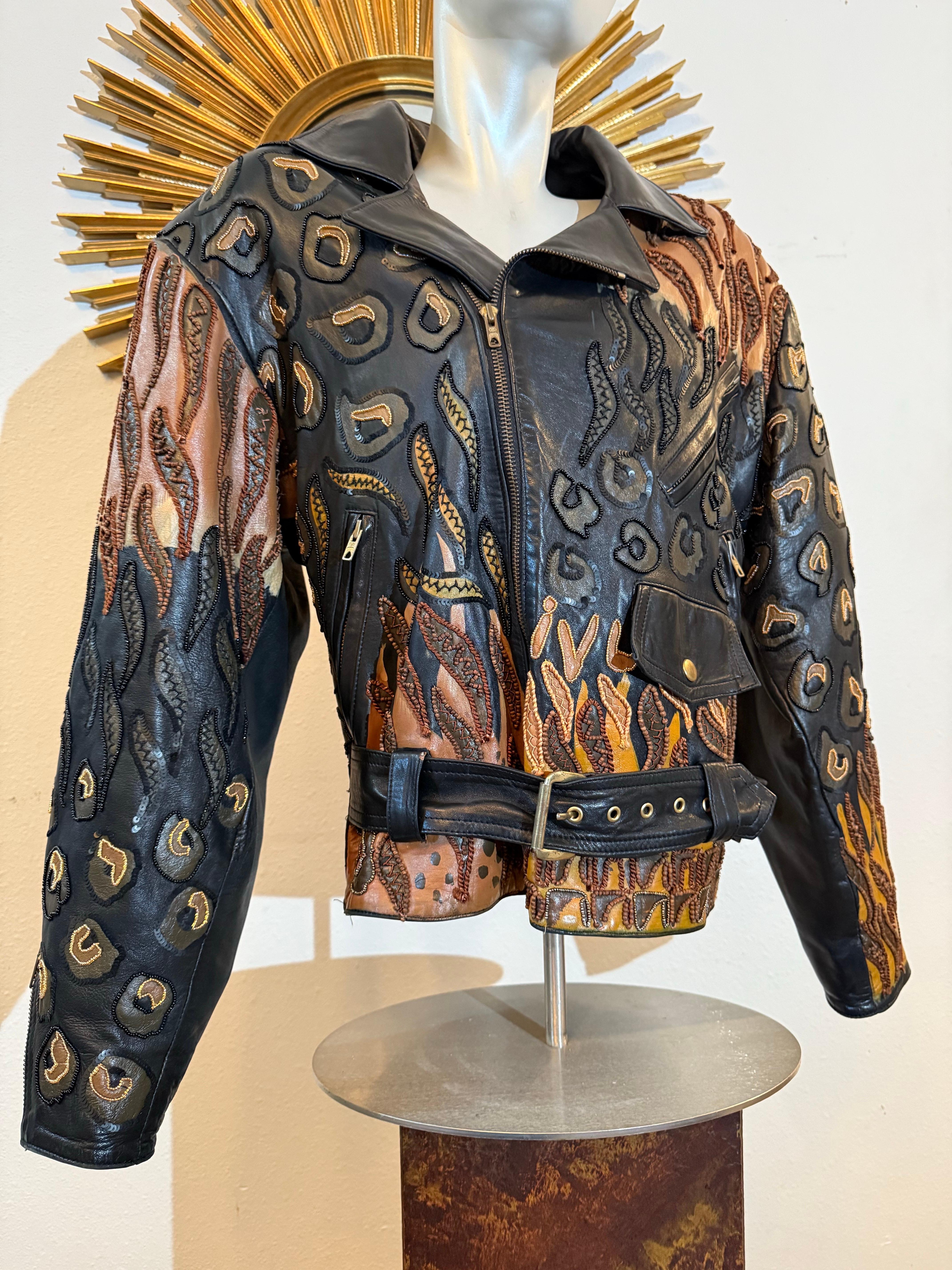 1980s Jean Claude Jitrois Leather Biker Jacket w Huge Painted Beaded Tiger Motif For Sale 8