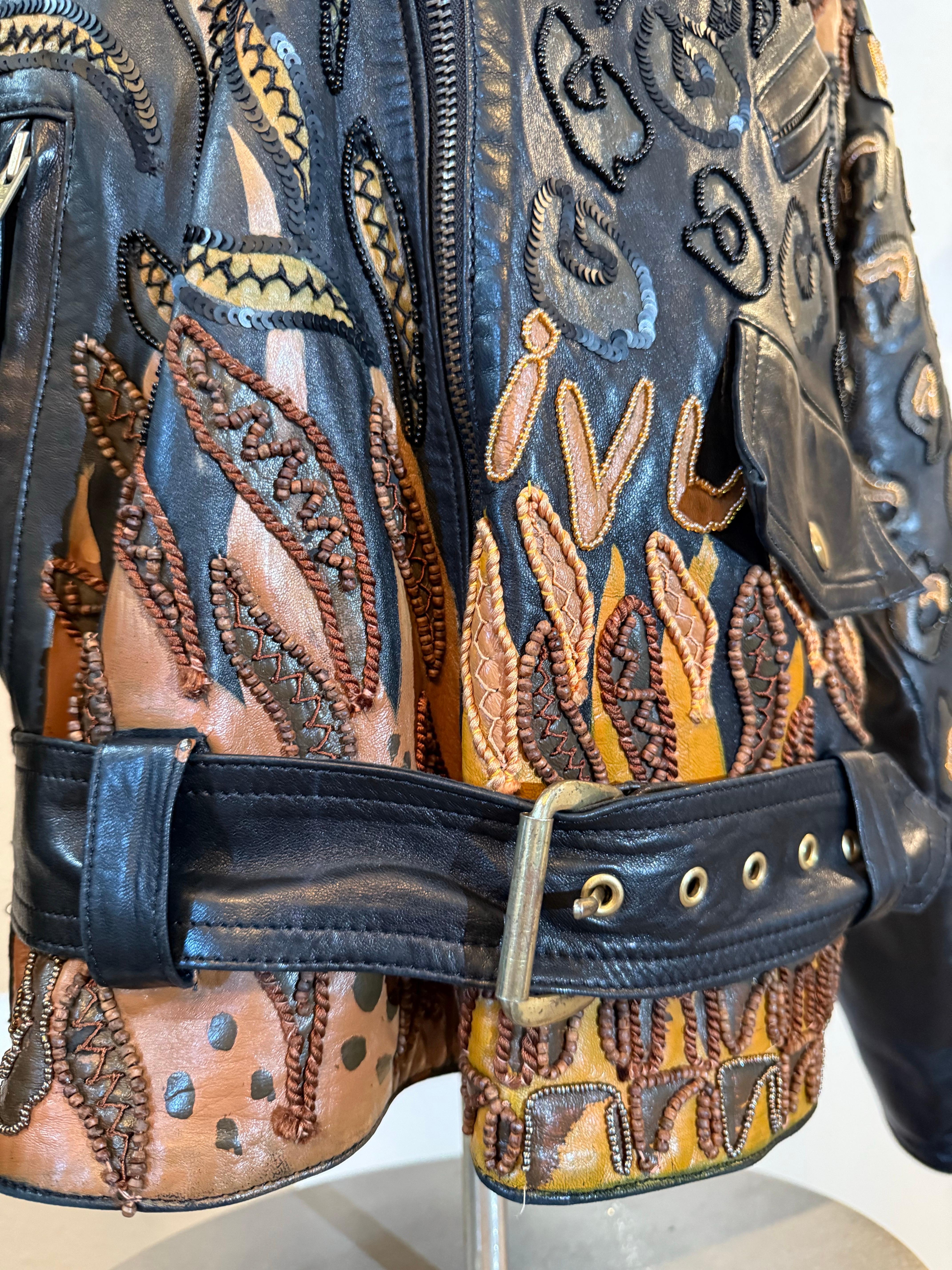 1980s Jean Claude Jitrois Leather Biker Jacket w Huge Painted Beaded Tiger Motif For Sale 9