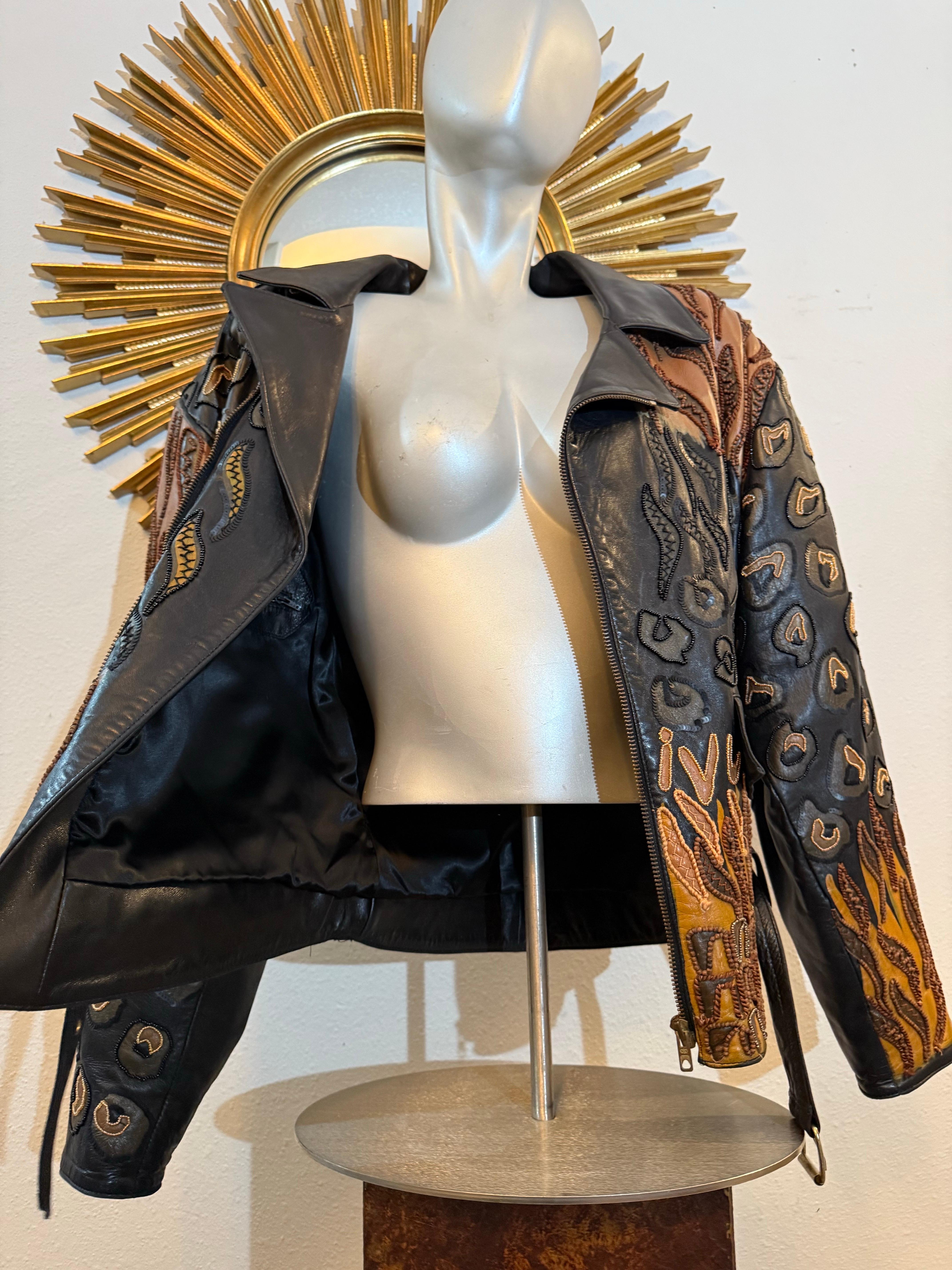 1980s Jean Claude Jitrois Leather Biker Jacket w Huge Painted Beaded Tiger Motif For Sale 11