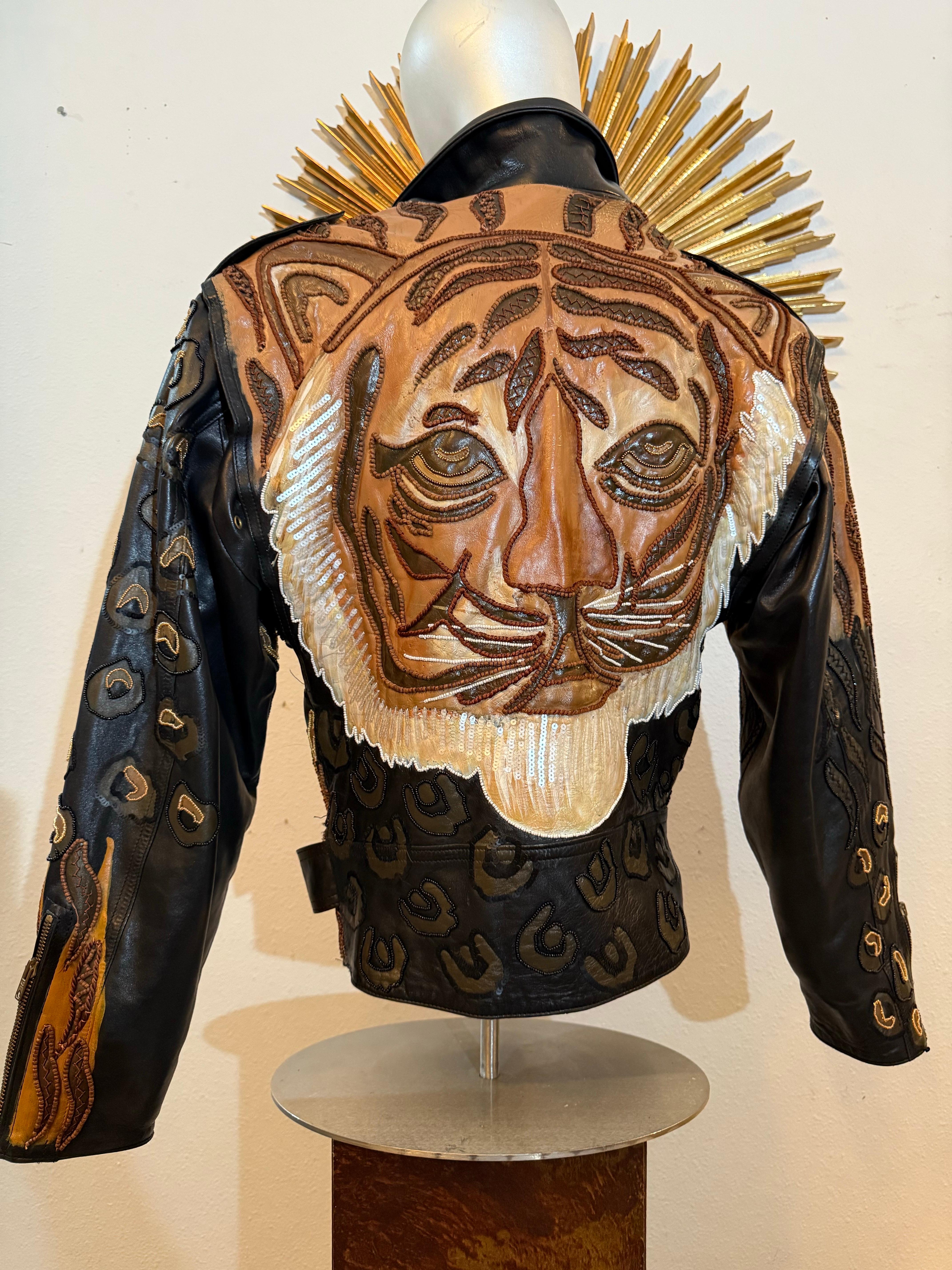 1980s Jean Claude Jitrois Leather Biker Jacket w Huge Painted Beaded Tiger Motif For Sale 13