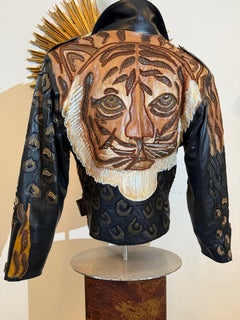 1980s Jean Claude Jitrois Leather Biker Jacket w Huge Painted Beaded Tiger Motif