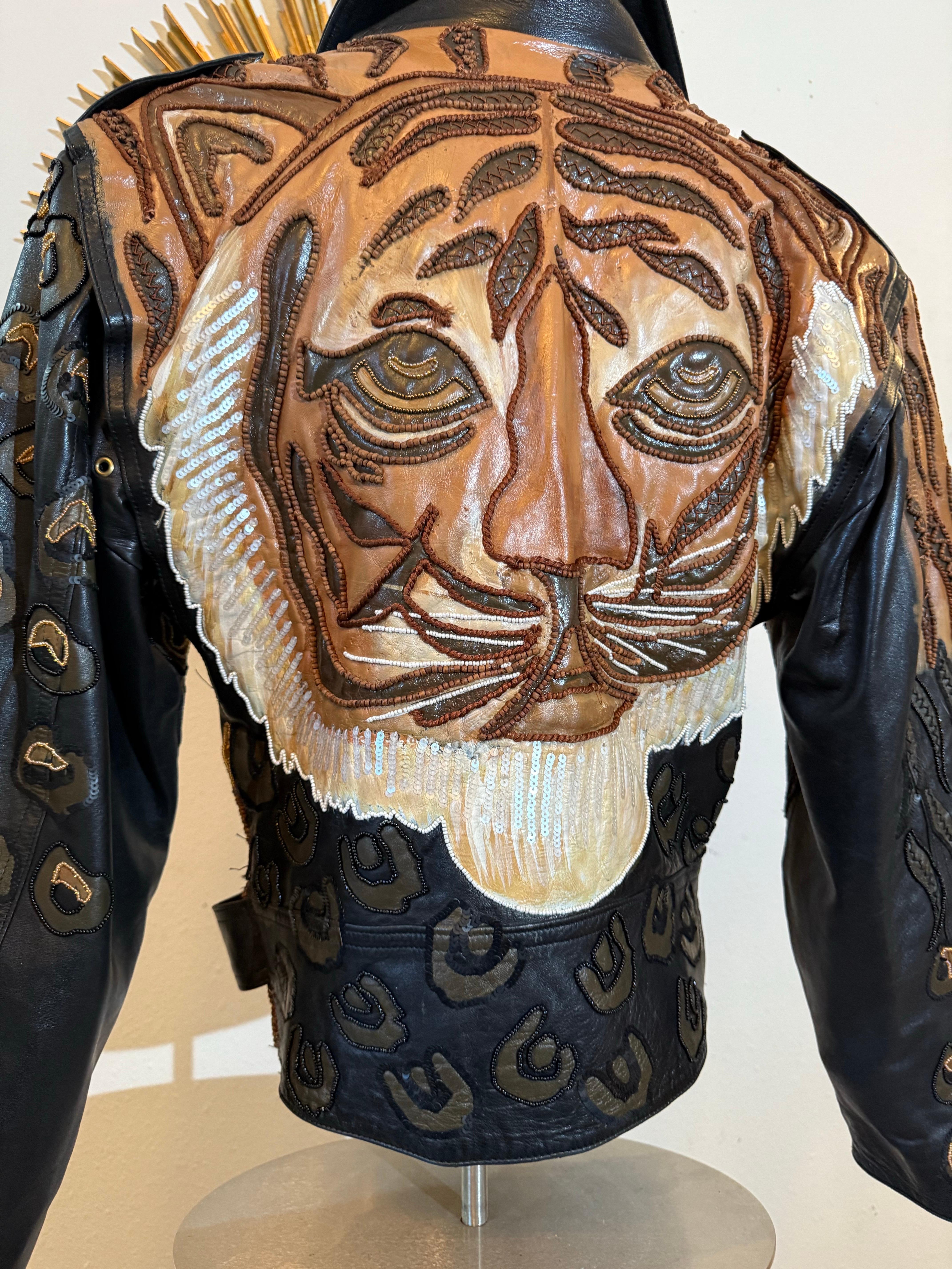 Black 1980s Jean Claude Jitrois Leather Biker Jacket w Huge Painted Beaded Tiger Motif For Sale