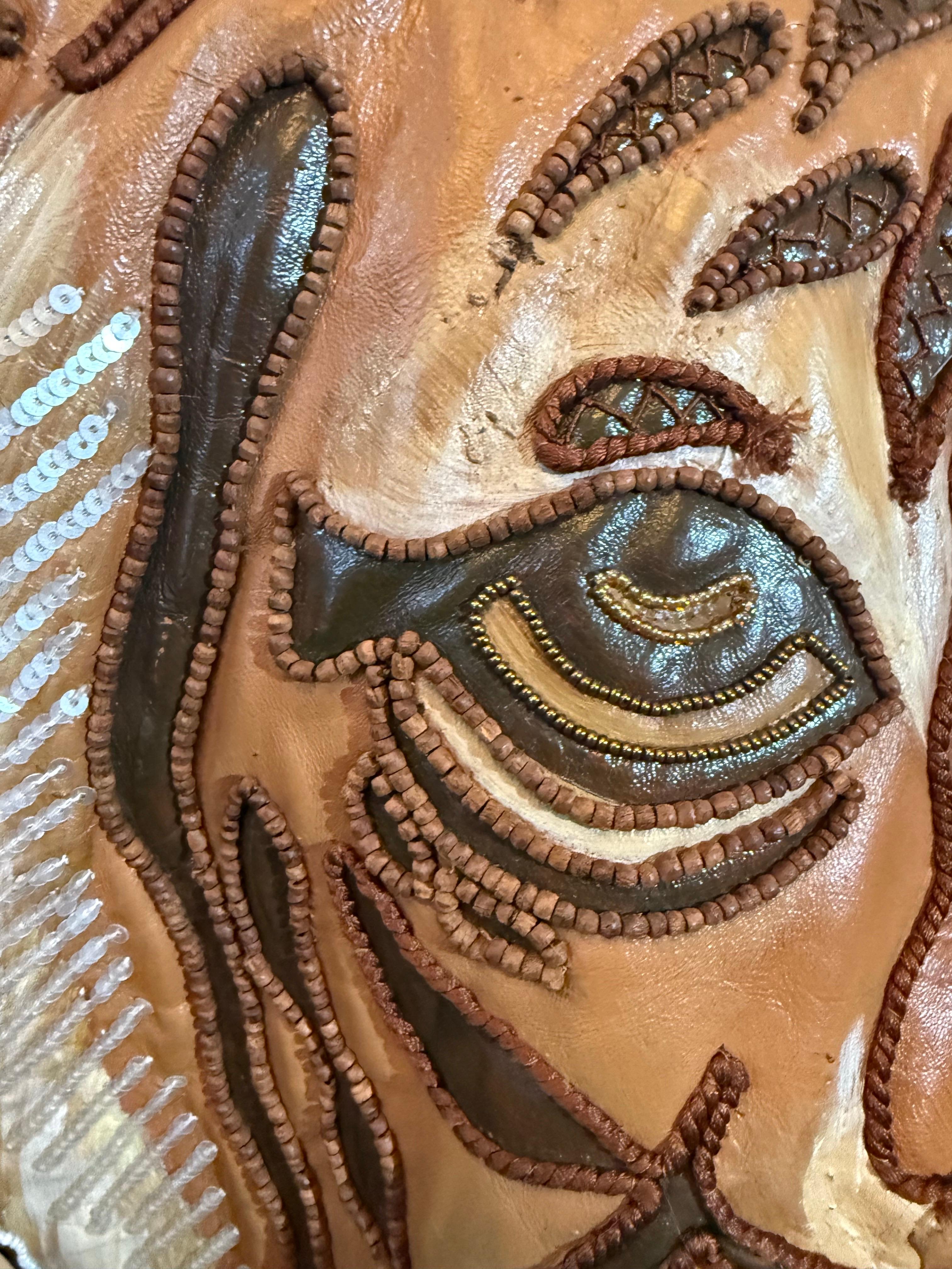 1980s Jean Claude Jitrois Leather Biker Jacket w Huge Painted Beaded Tiger Motif In Excellent Condition For Sale In Gresham, OR