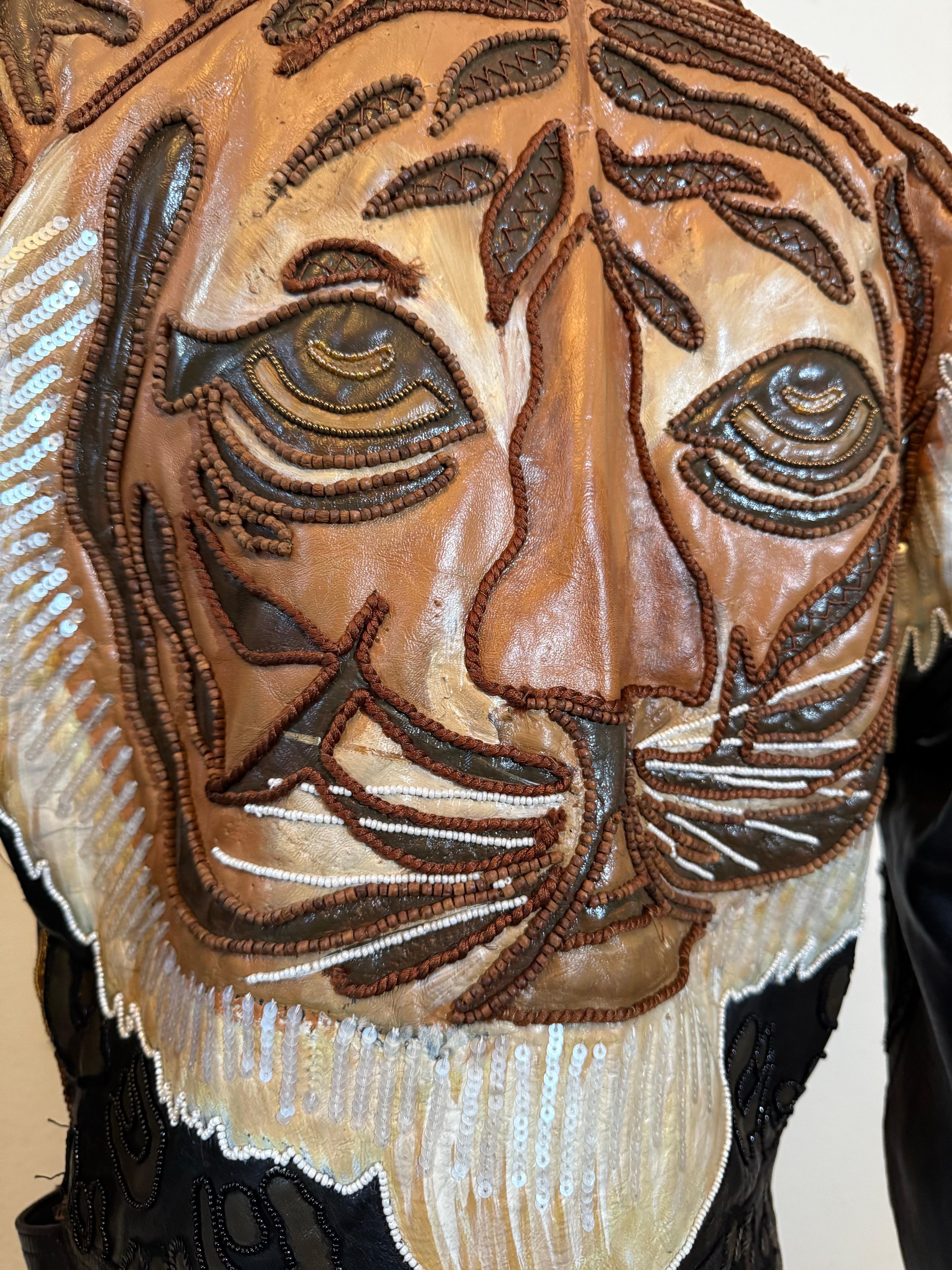 Women's or Men's 1980s Jean Claude Jitrois Leather Biker Jacket w Huge Painted Beaded Tiger Motif For Sale