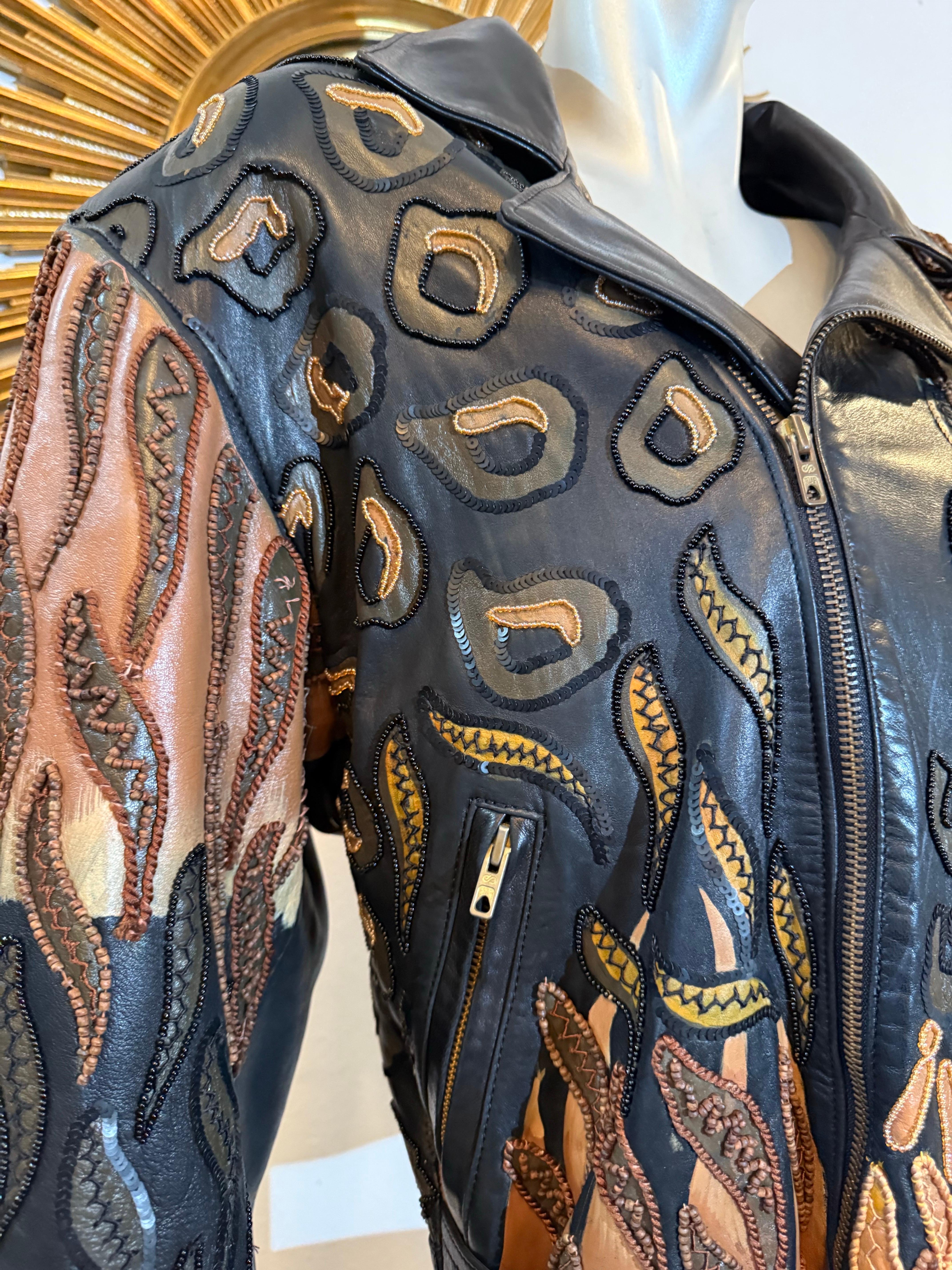 1980s Jean Claude Jitrois Leather Biker Jacket w Huge Painted Beaded Tiger Motif For Sale 1