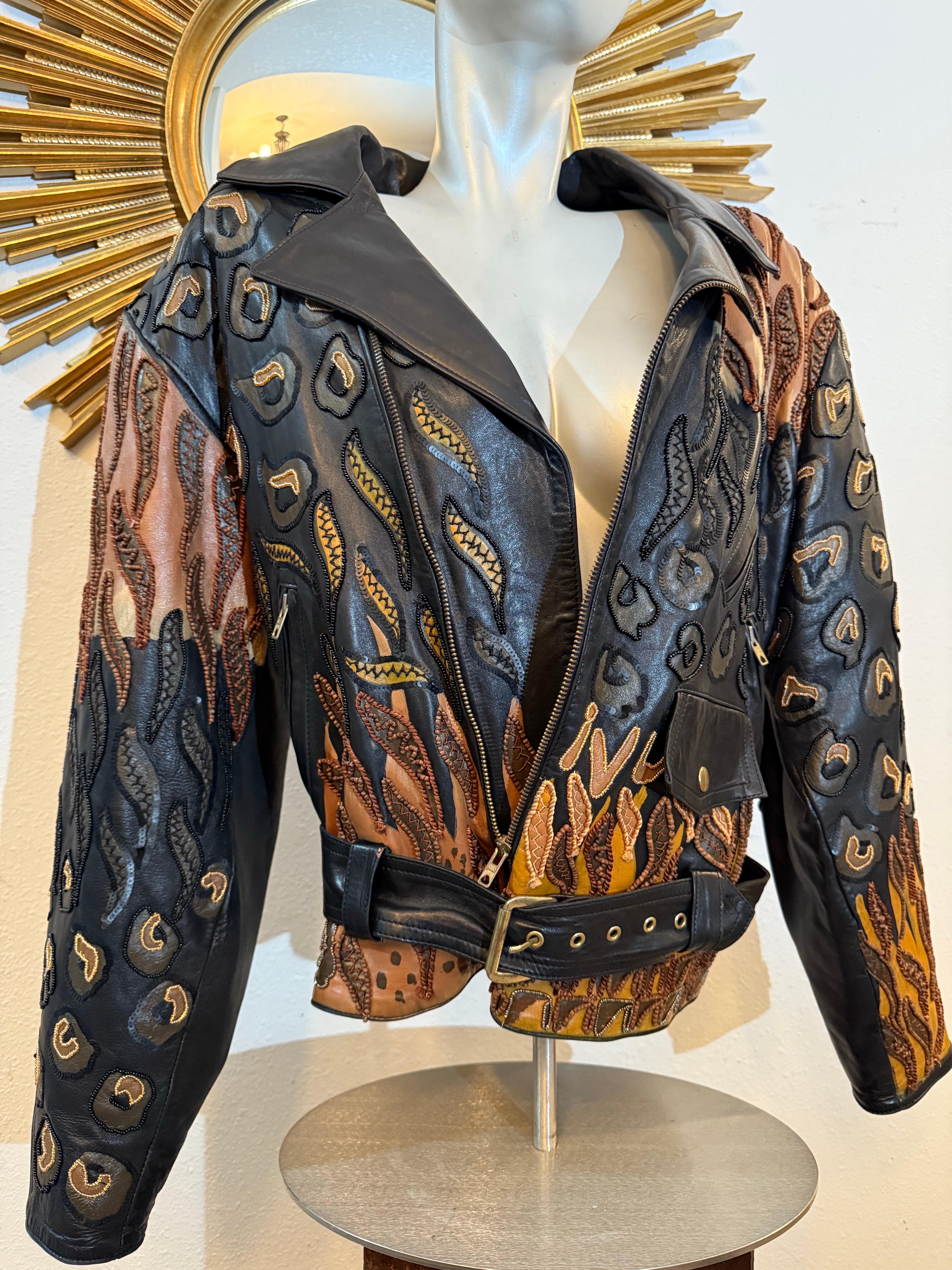 1980s Jean Claude Jitrois Leather Biker Jacket w Huge Painted Beaded Tiger Motif For Sale 2