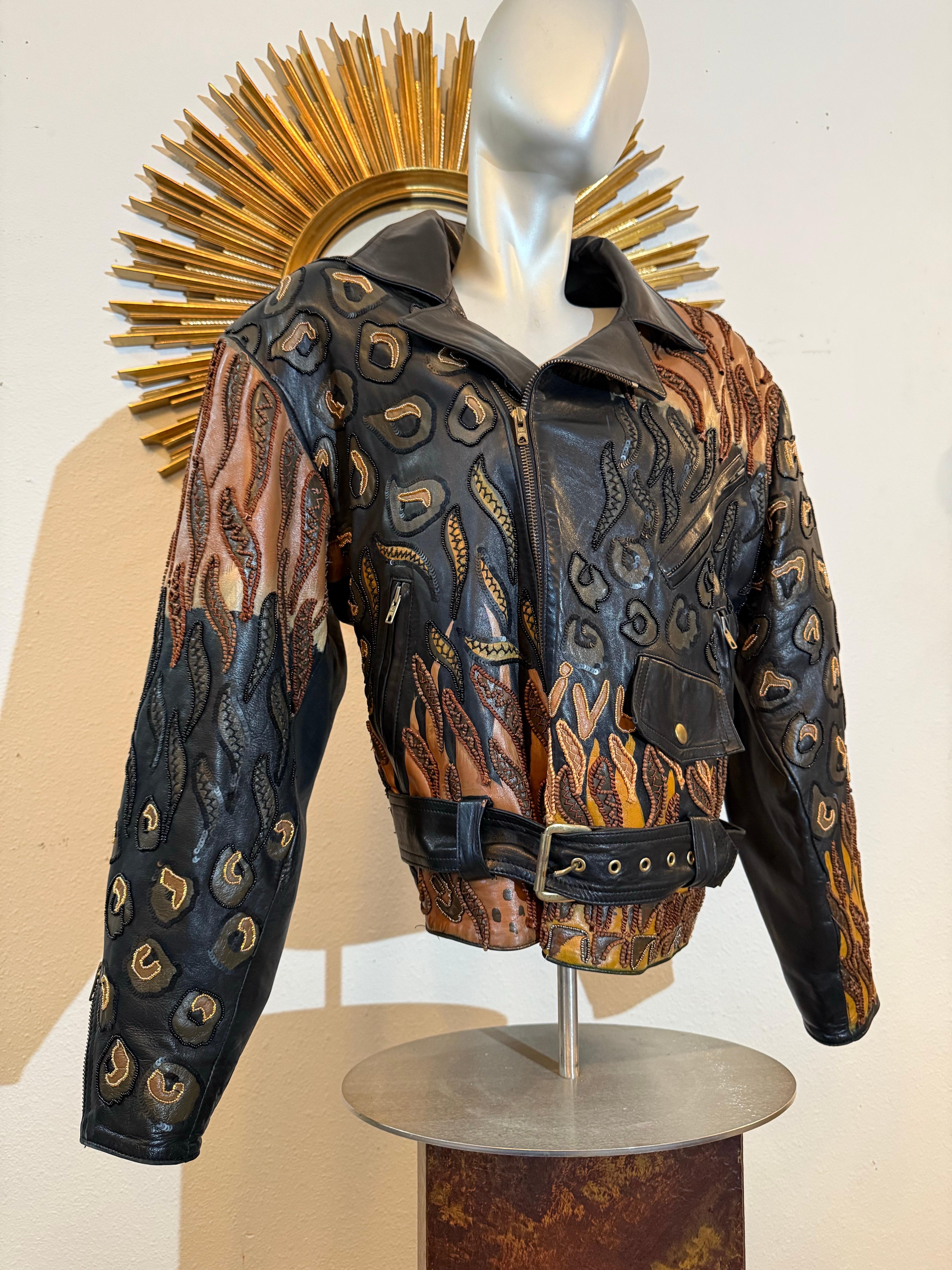 1980s Jean Claude Jitrois Leather Biker Jacket w Huge Painted Beaded Tiger Motif For Sale 3