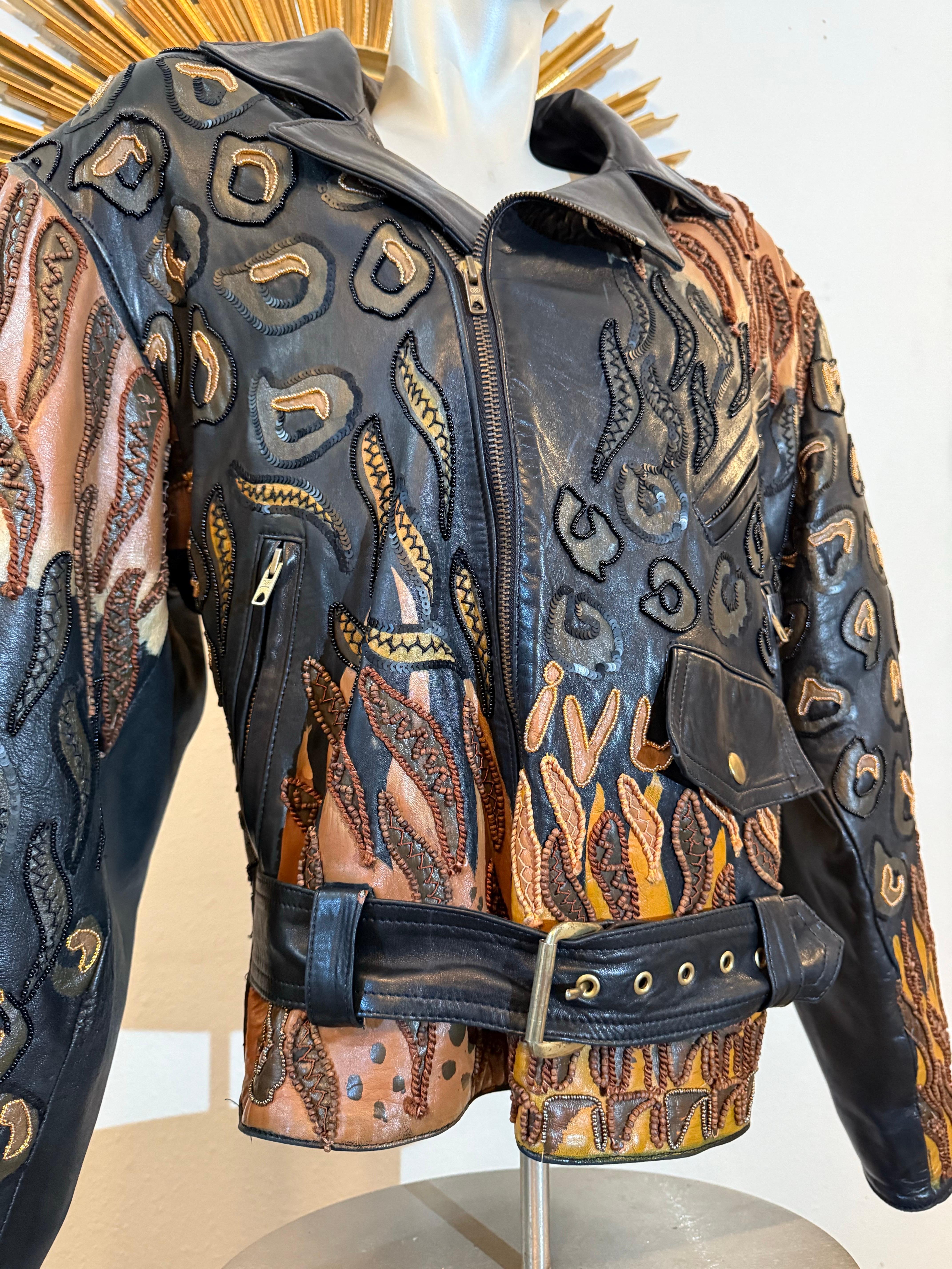 1980s Jean Claude Jitrois Leather Biker Jacket w Huge Painted Beaded Tiger Motif For Sale 4