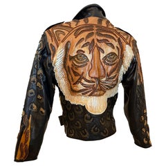 1980s Jean Claude Jitrois Leather Biker Jacket w Huge Painted Beaded Tiger Motif