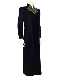 1980s Jean-Louis Scherrer Black Velvet Gown with Black and Gold Beading