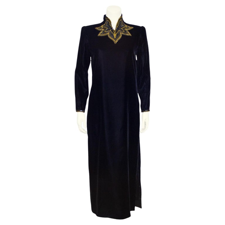 1980s Jean-Louis Scherrer Black Velvet Gown with Black and Gold Beading 1980s Jean-Louis Scherrer Black Velvet Gown with Black and Gold Beading