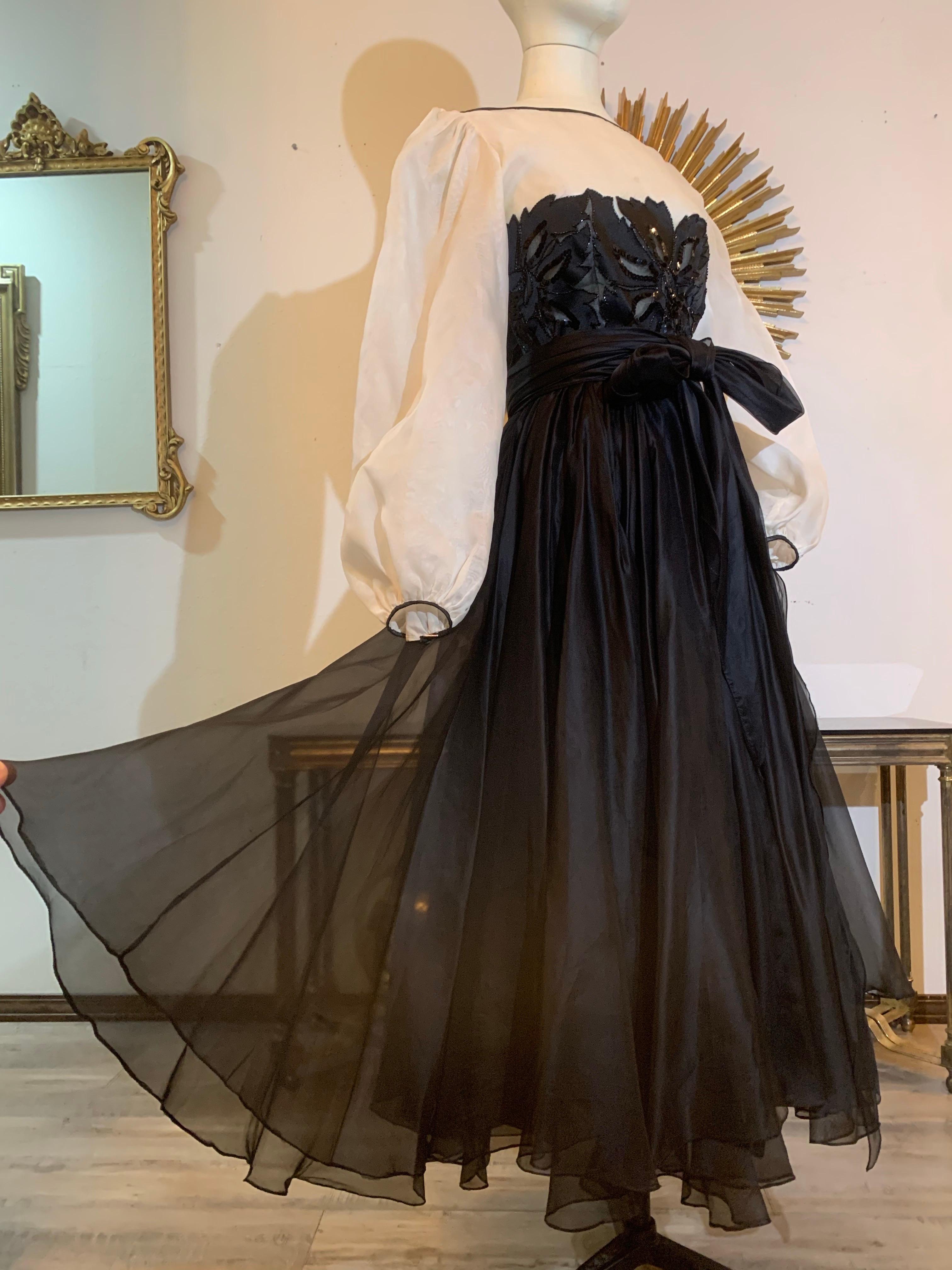 1980s Jean-Louis Scherrer Black & White Silk Organza Dress w Beaded Bodice en vente 7
