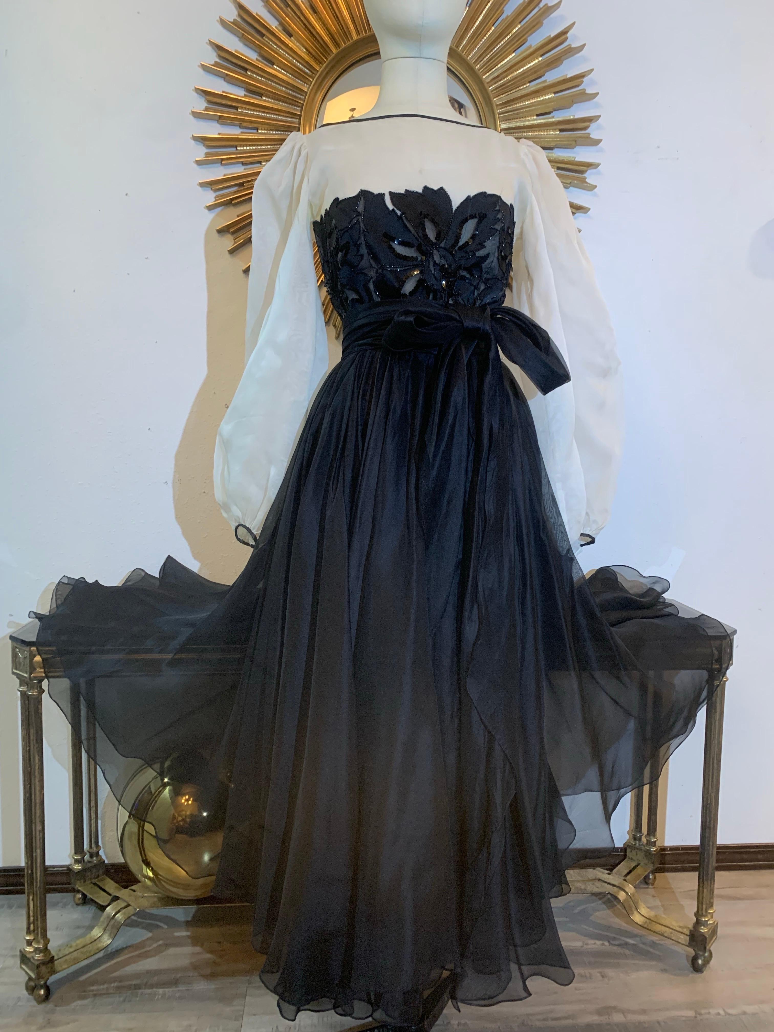 1980s Jean-Louis Scherrer Black & White Silk Organza Dress w Beaded Bodice en vente 8
