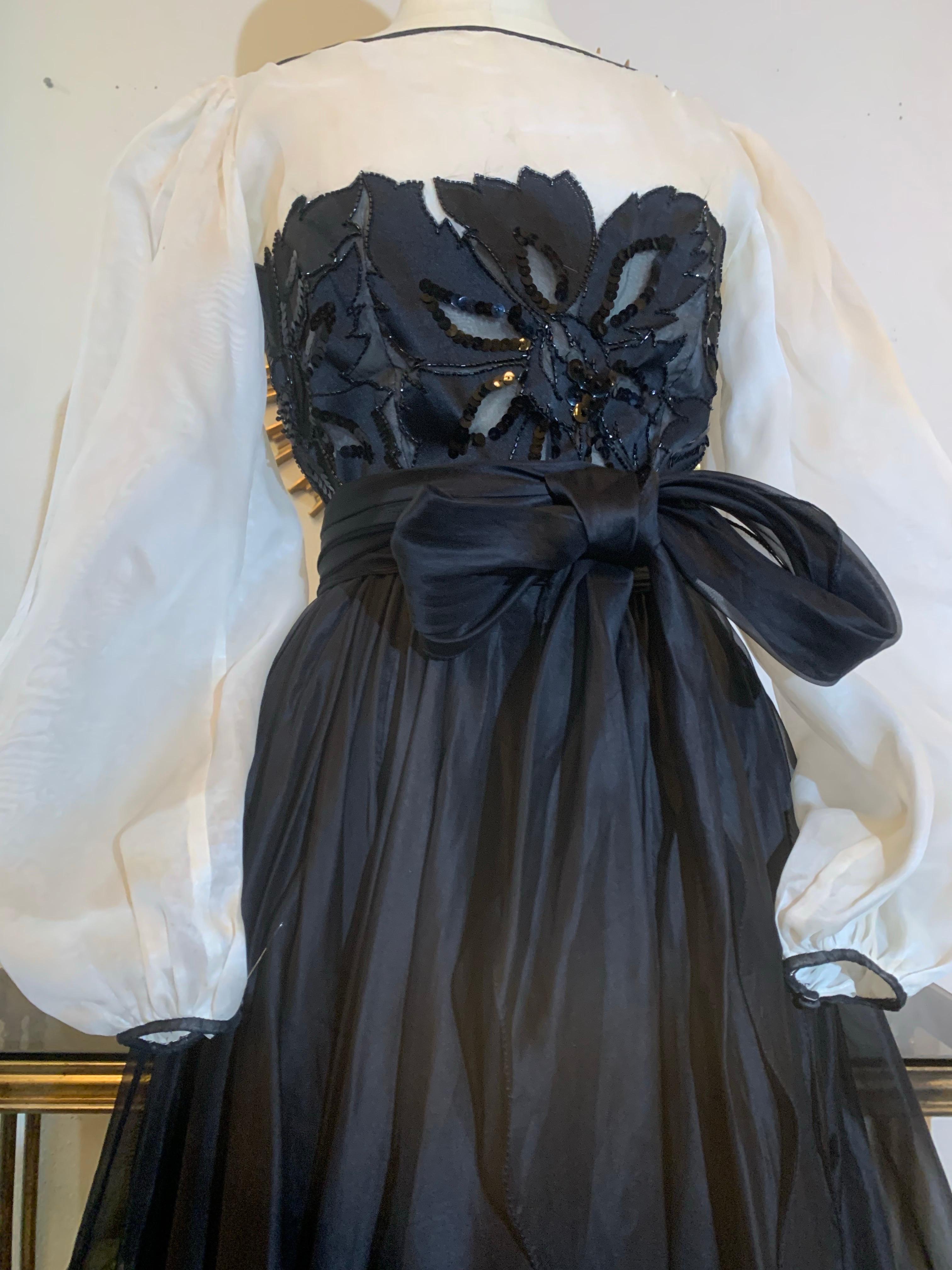 1980s Jean-Louis Scherrer Black & White Silk Organza Dress w Beaded Bodice en vente 11