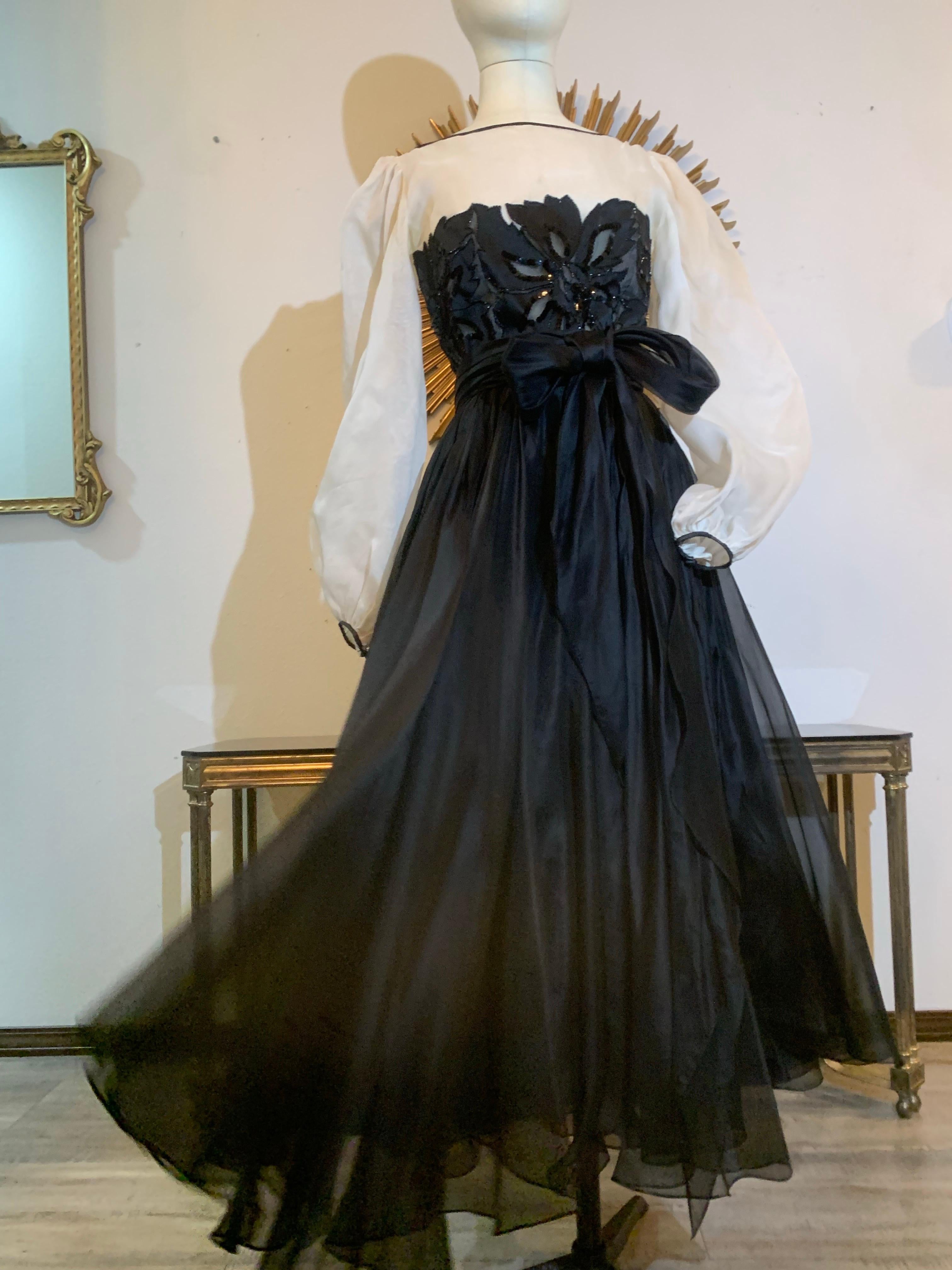 1980s Jean-Louis Scherrer Black & White Silk Organza Dress w Beaded Bodice en vente 12