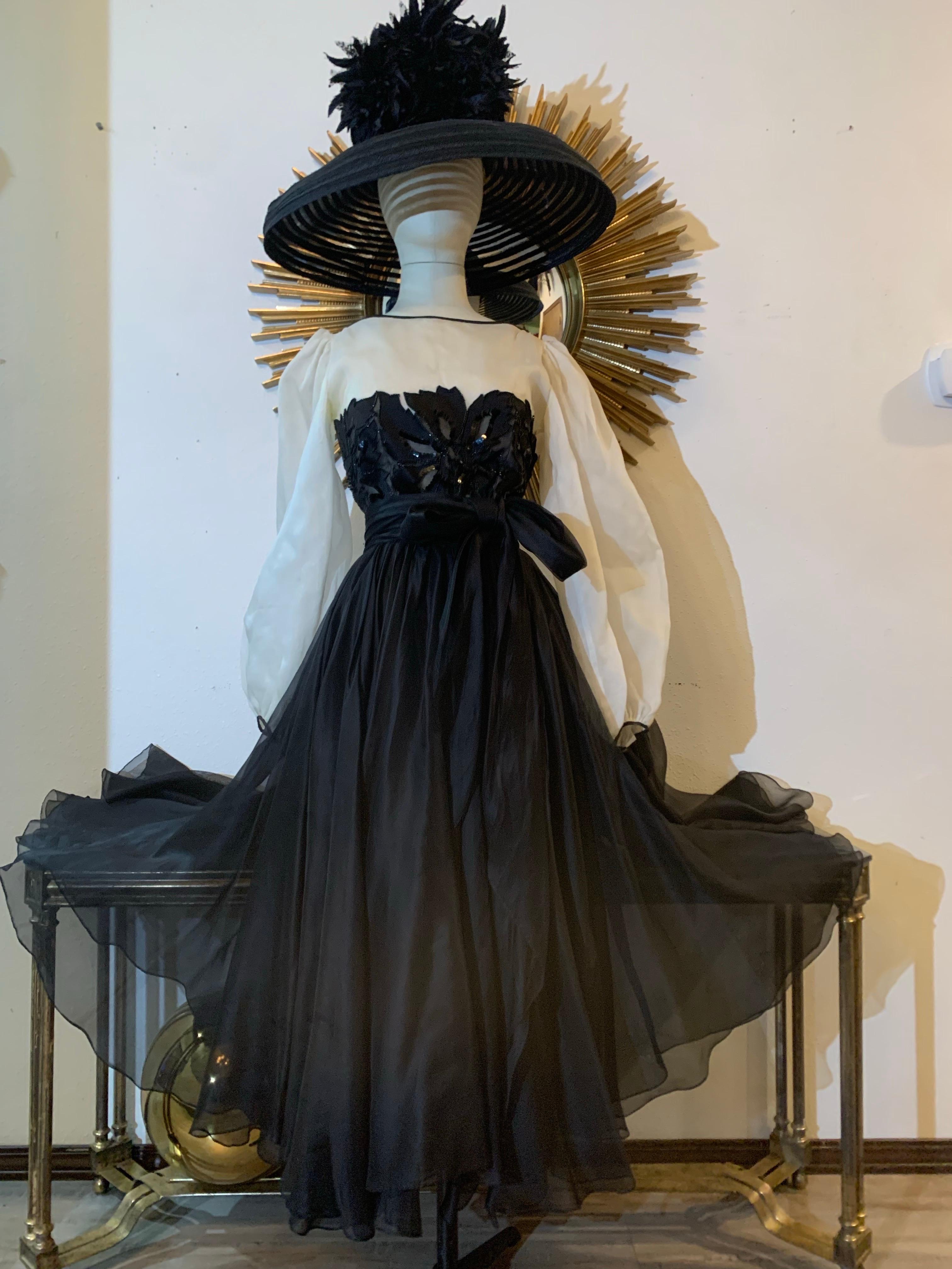 1980s Jean-Louis Scherrer Black & White Silk Organza Dress w Beaded Bodice Bon état - En vente à Gresham, OR