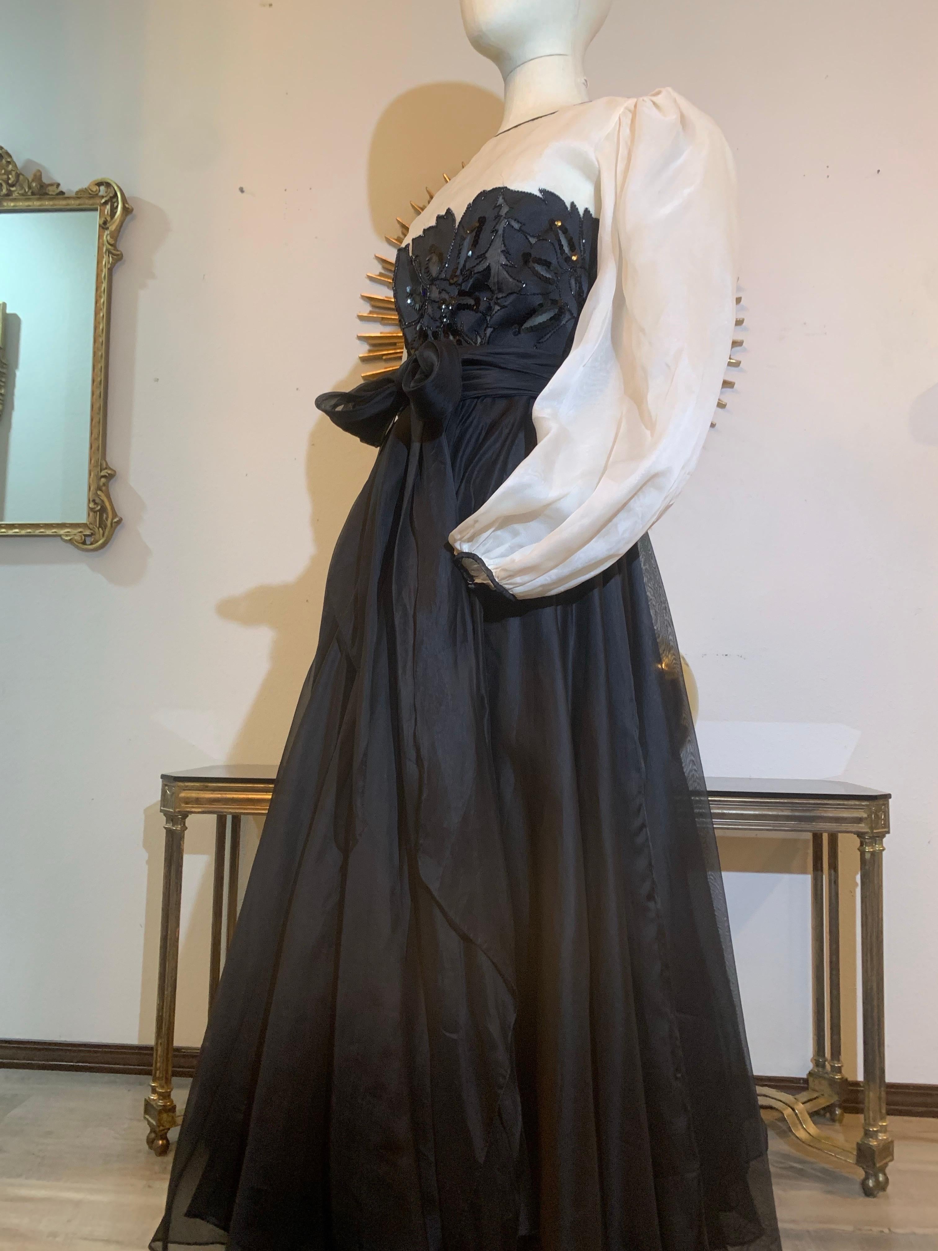 1980s Jean-Louis Scherrer Black & White Silk Organza Dress w Beaded Bodice Pour femmes en vente