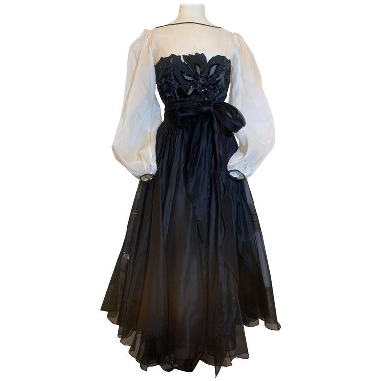 1980s Jean-louis Scherrer Black & White Silk Organza Dress W Beaded Bodice