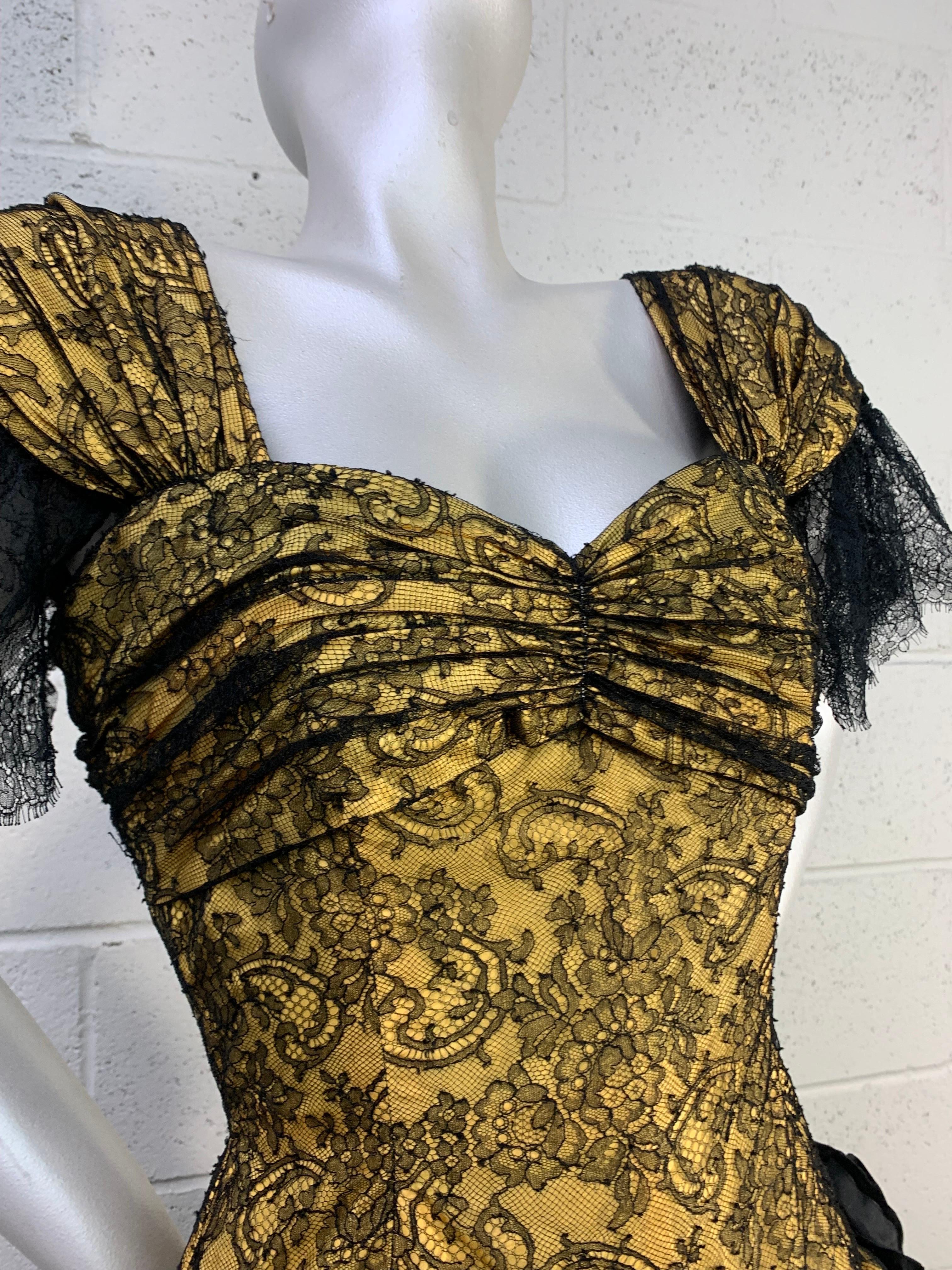 1980s Jean-Louis Scherrer Yellow Silk & Chantilly Lace Voluminous Gown w Stole For Sale 6