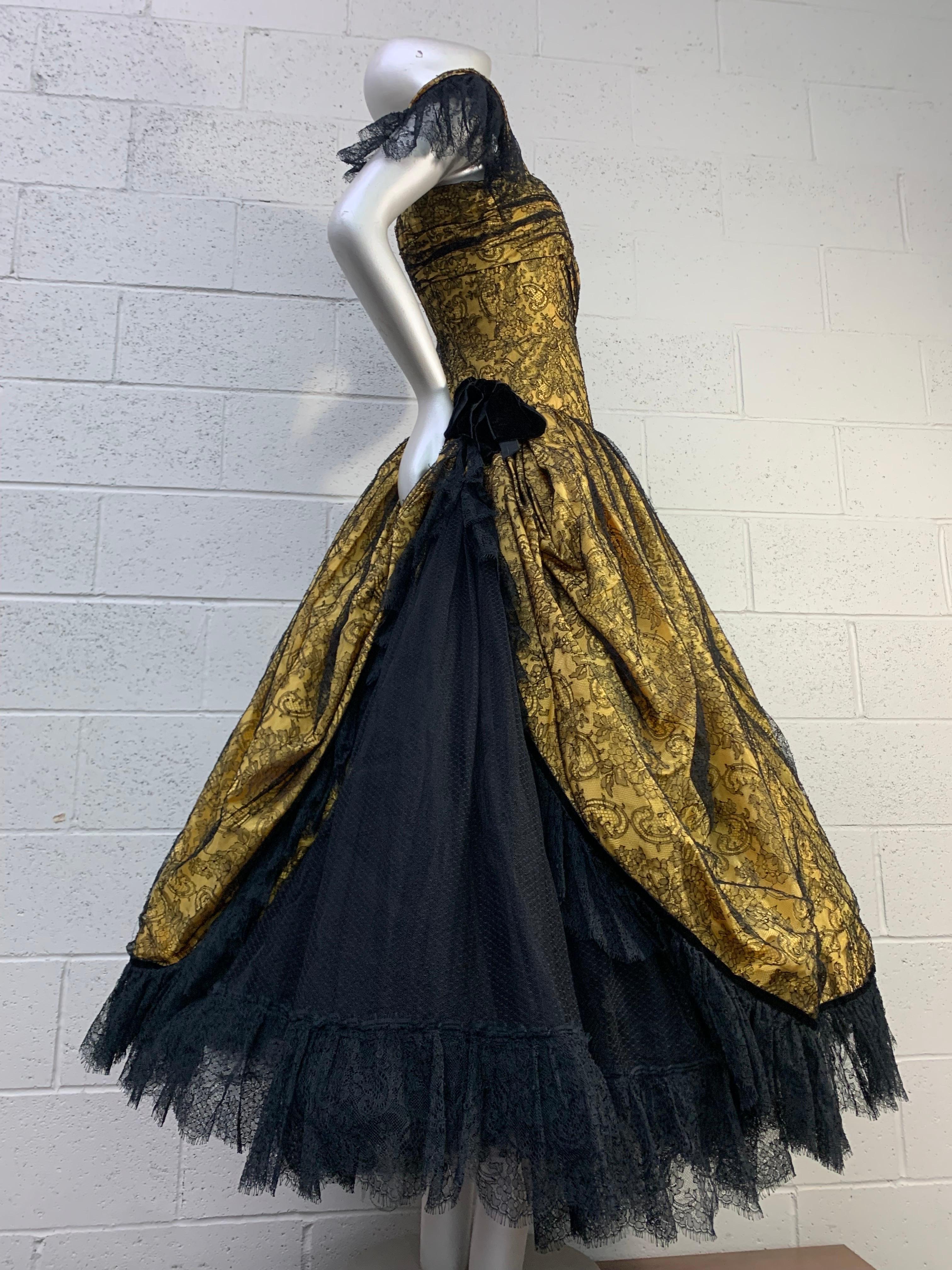 1980s Jean-Louis Scherrer Yellow Silk & Chantilly Lace Voluminous Gown w Stole For Sale 7