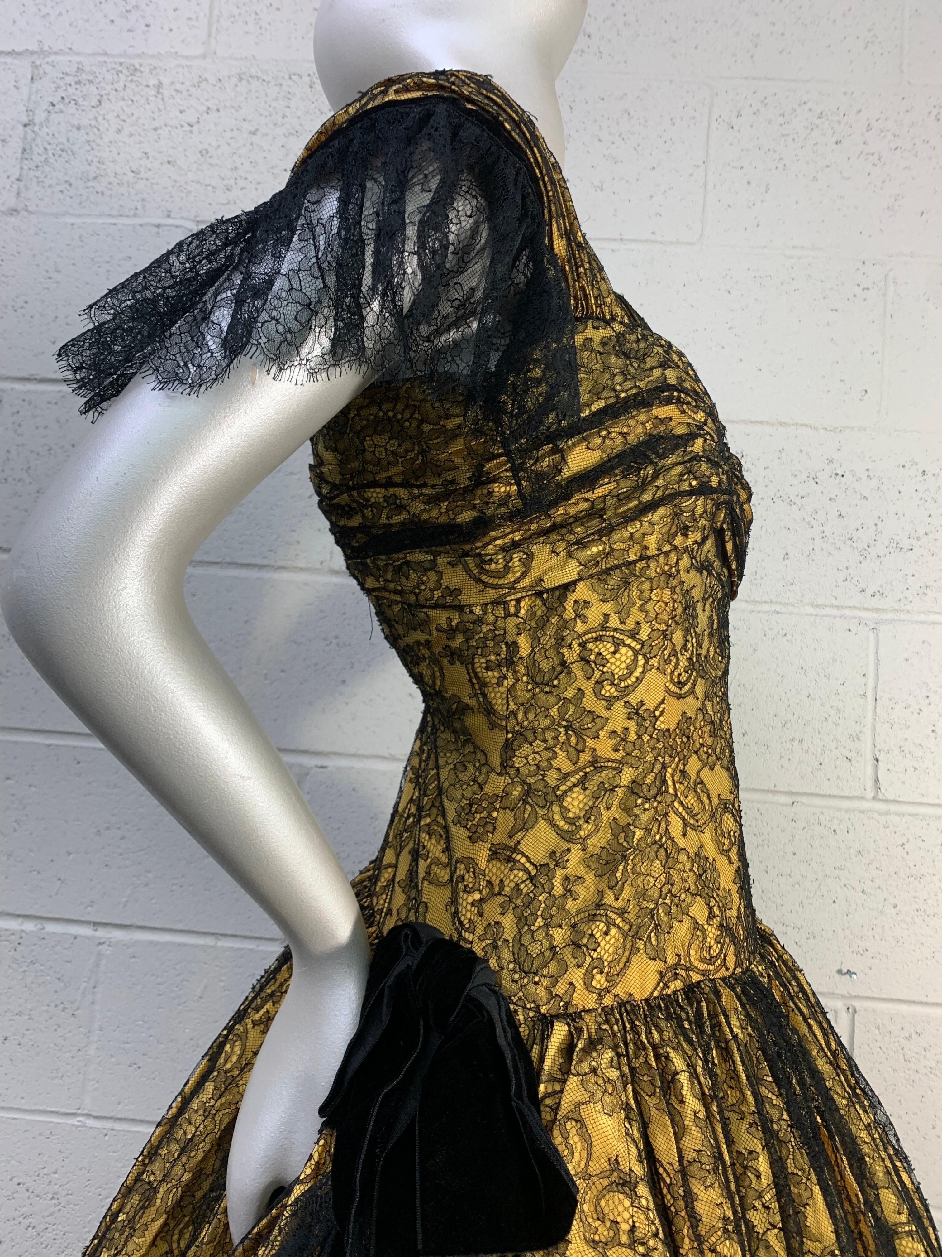 1980s Jean-Louis Scherrer Yellow Silk & Chantilly Lace Voluminous Gown w Stole For Sale 8