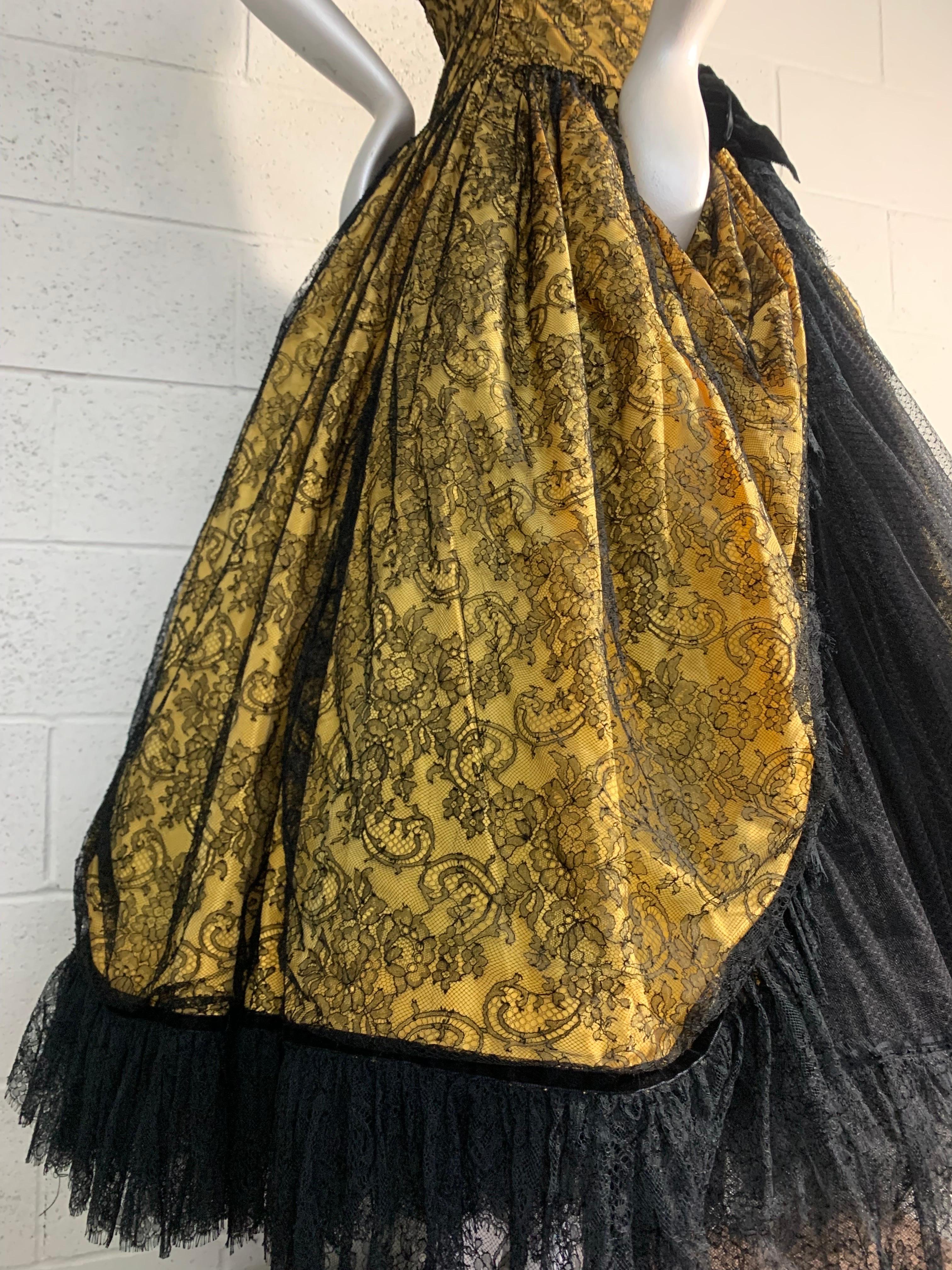1980s Jean-Louis Scherrer Yellow Silk & Chantilly Lace Voluminous Gown w Stole For Sale 12