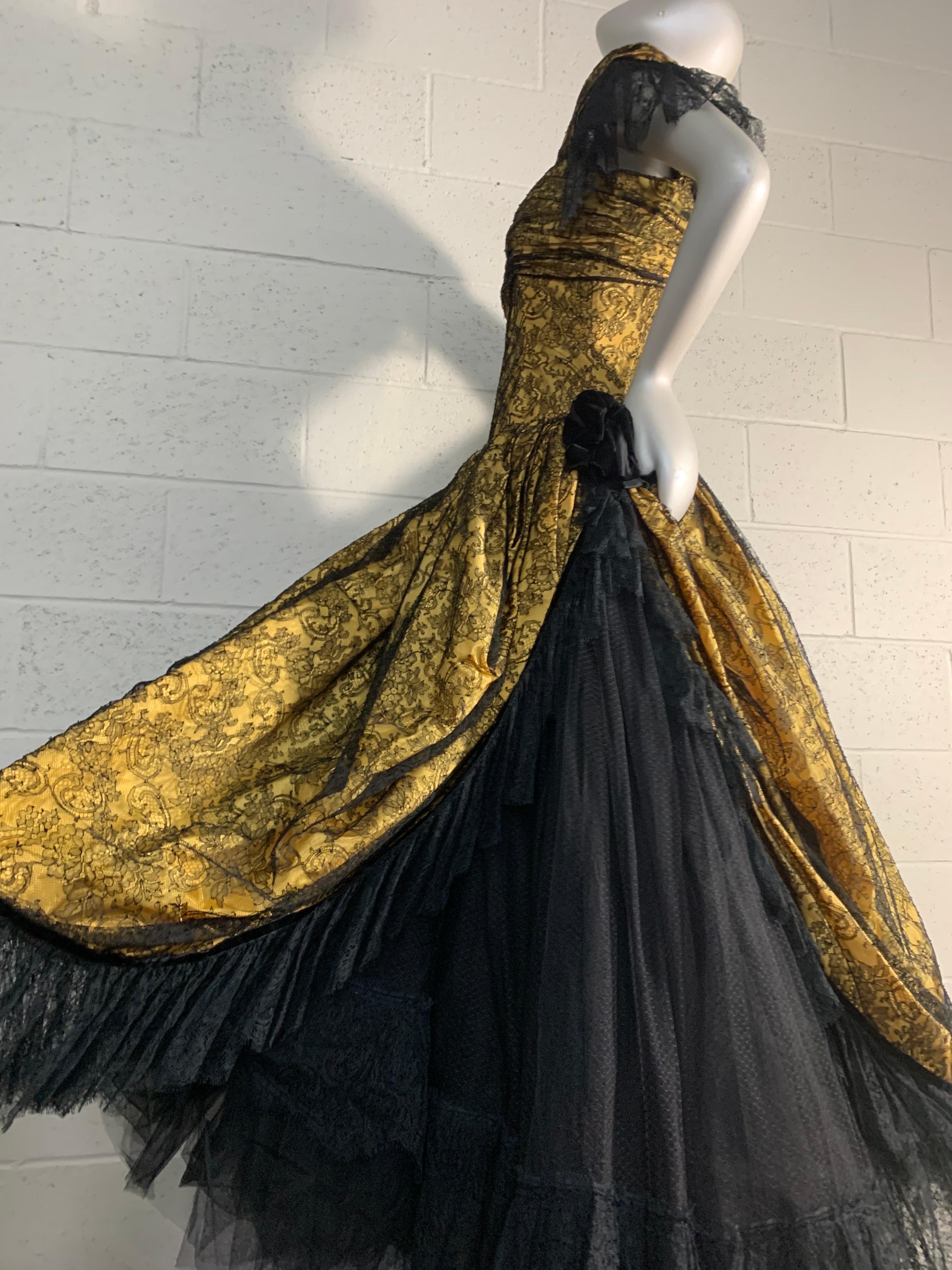 1980s Jean-Louis Scherrer Yellow Silk & Chantilly Lace Voluminous Gown w Stole For Sale 13