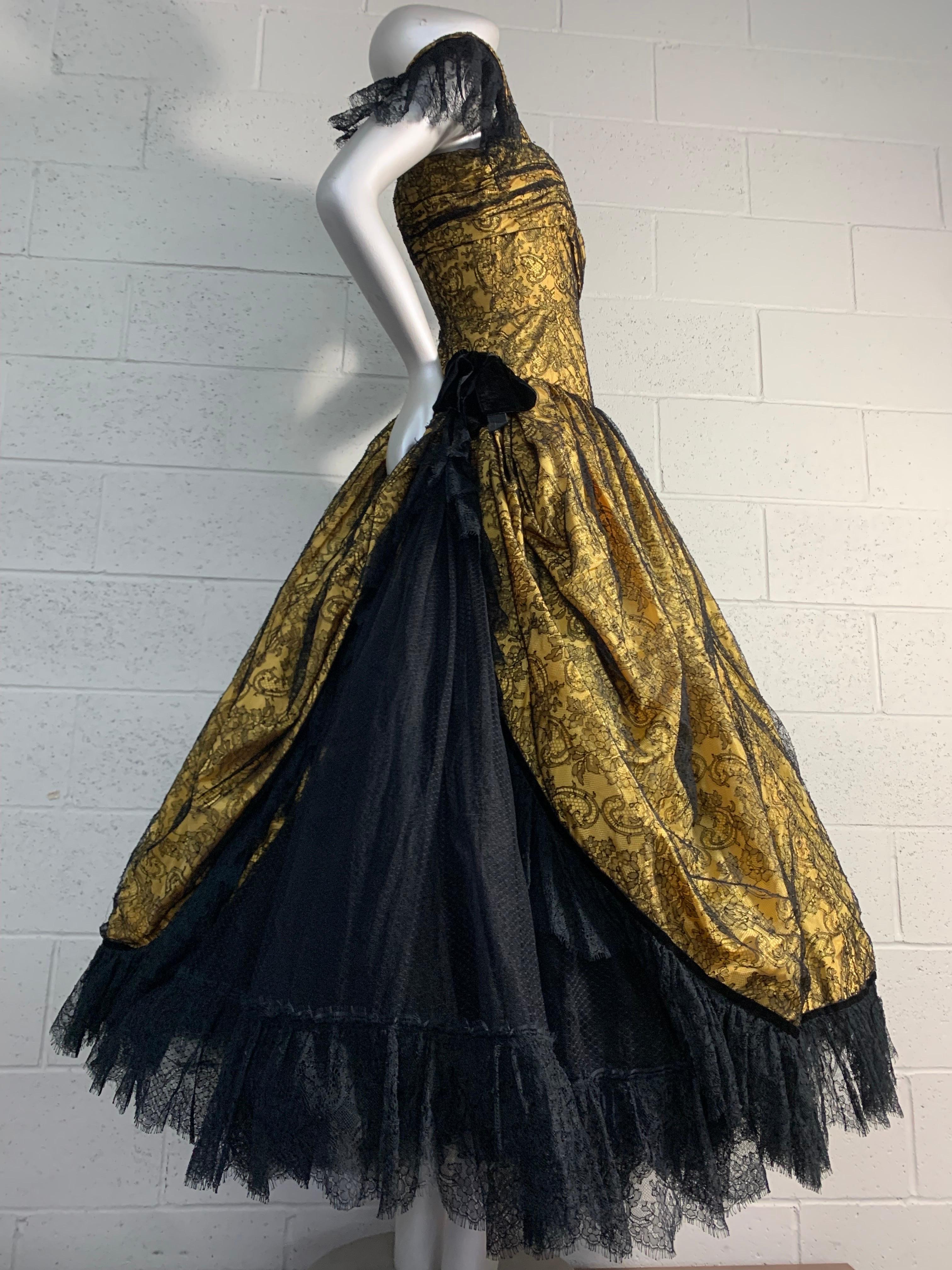 1980s Jean-Louis Scherrer Yellow Silk & Chantilly Lace Voluminous Ballet-Lenth Gown: Antibellum silhouette with boned bodice and structured underpinnings in skirt for volume. Matching long stole included. Numbered couture piece. US size 6.