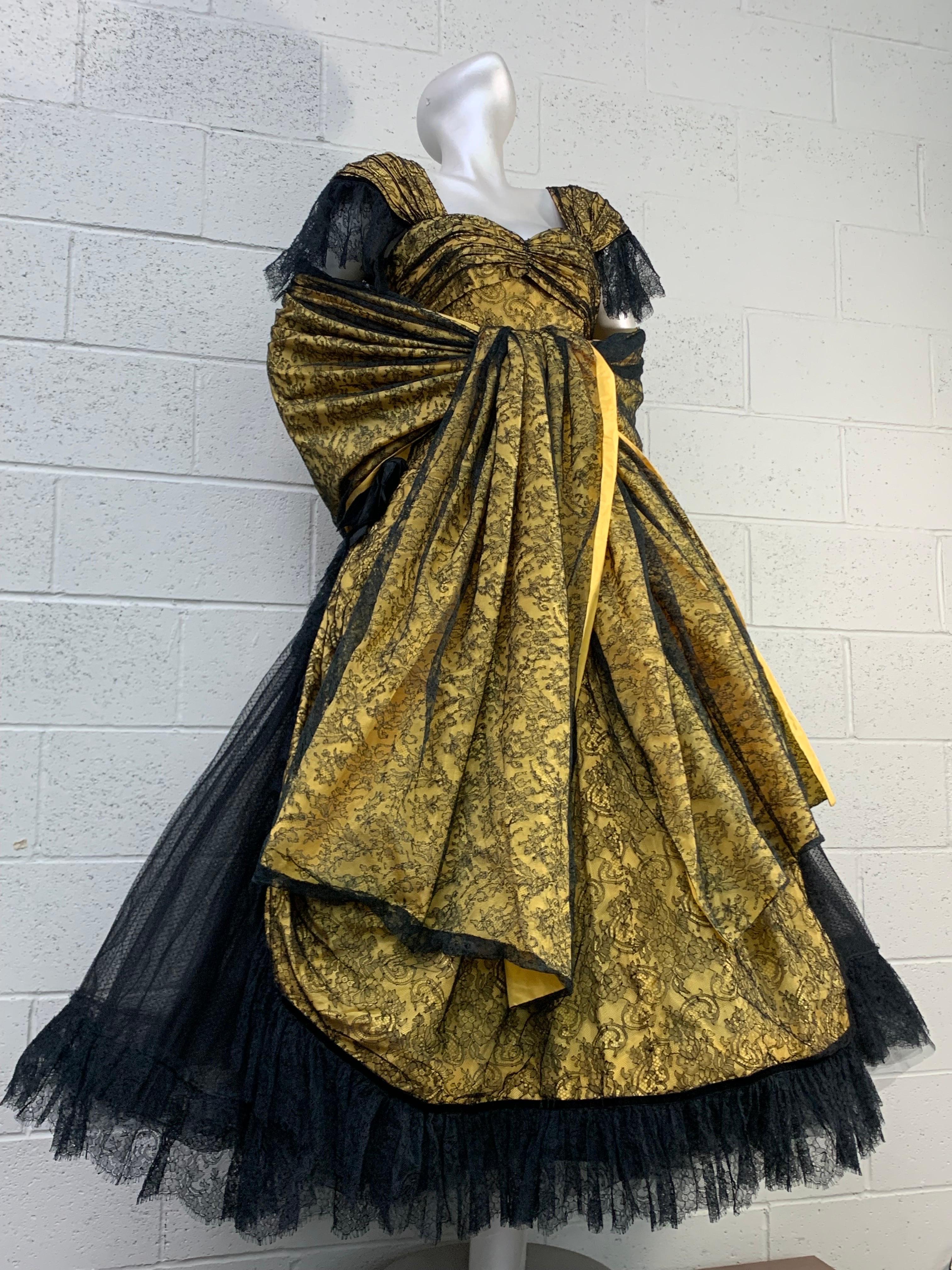 Women's 1980s Jean-Louis Scherrer Yellow Silk & Chantilly Lace Voluminous Gown w Stole For Sale