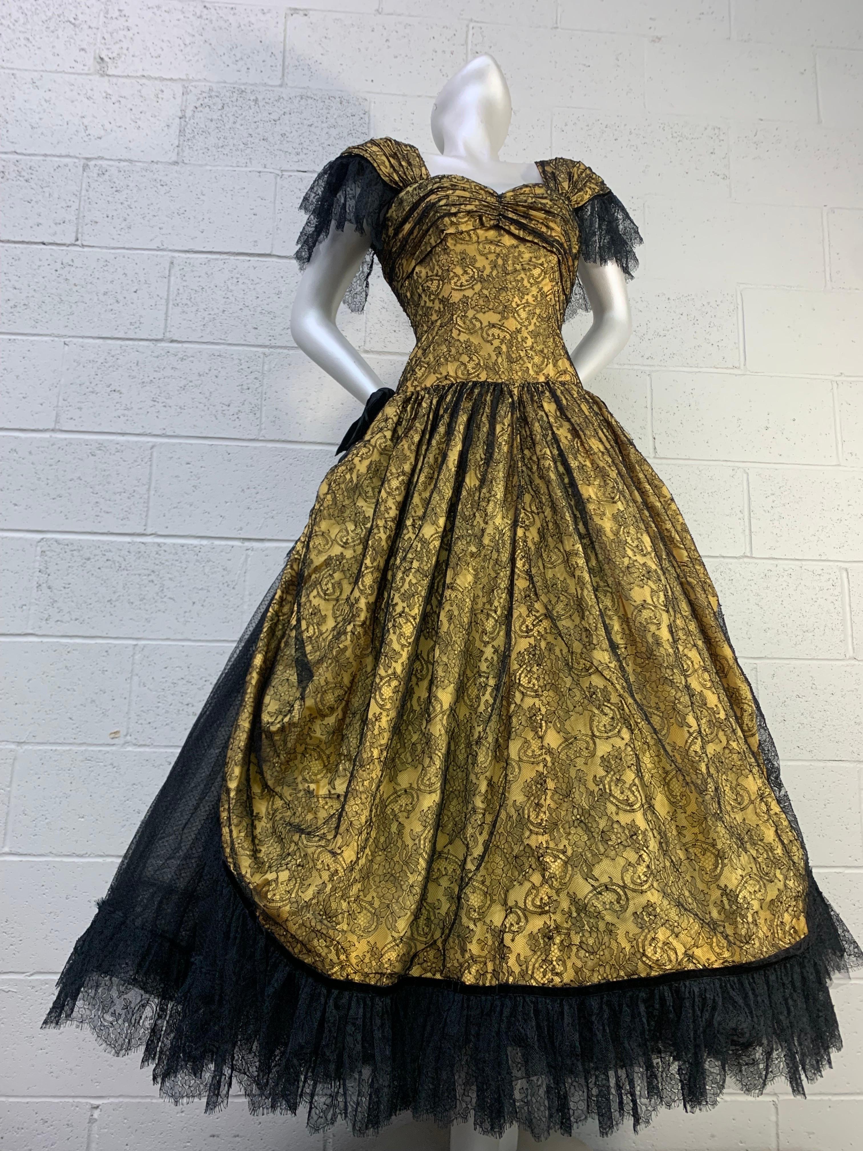 1980s Jean-Louis Scherrer Yellow Silk & Chantilly Lace Voluminous Gown w Stole For Sale 4