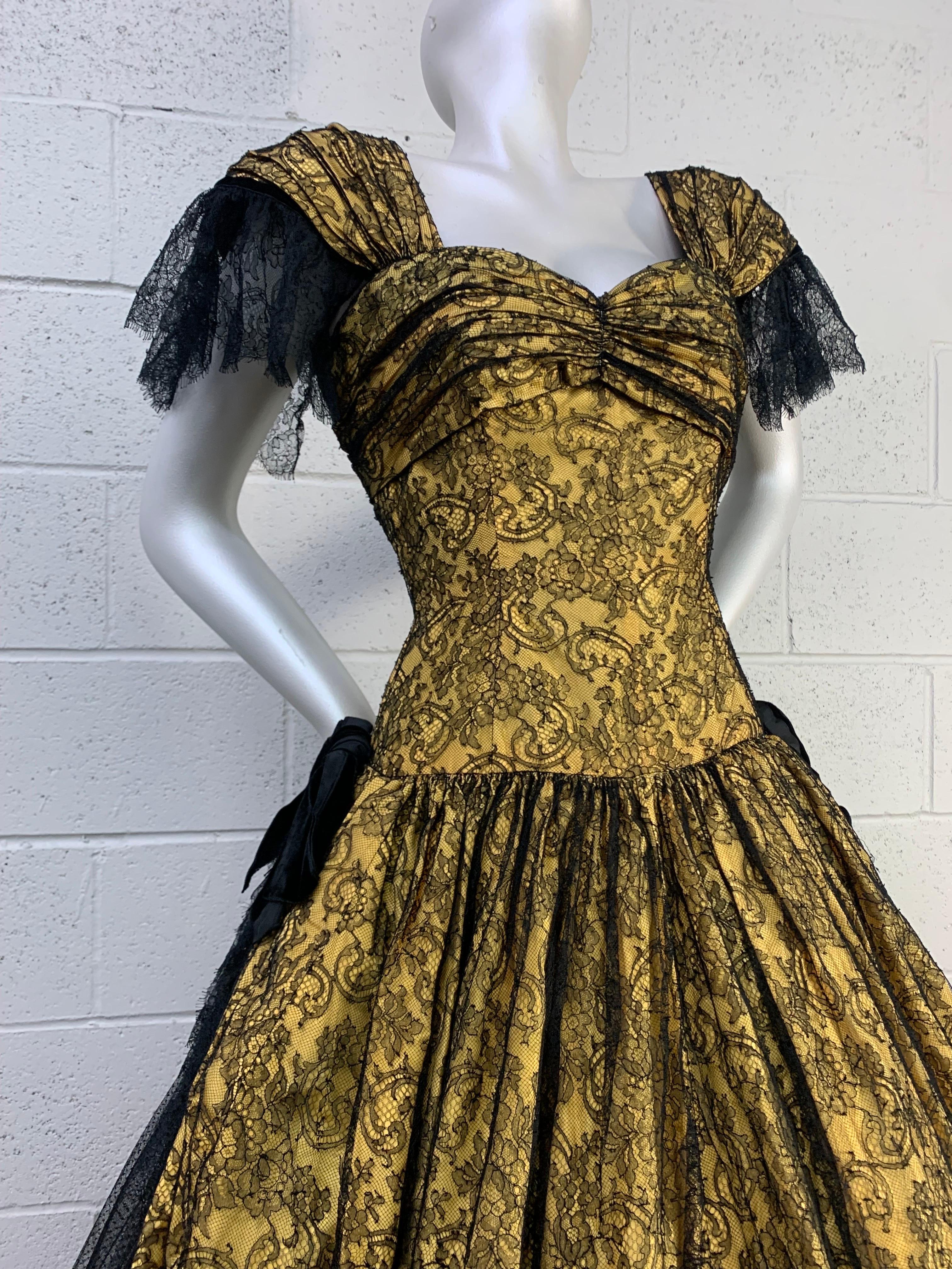 1980s Jean-Louis Scherrer Yellow Silk & Chantilly Lace Voluminous Gown w Stole For Sale 5