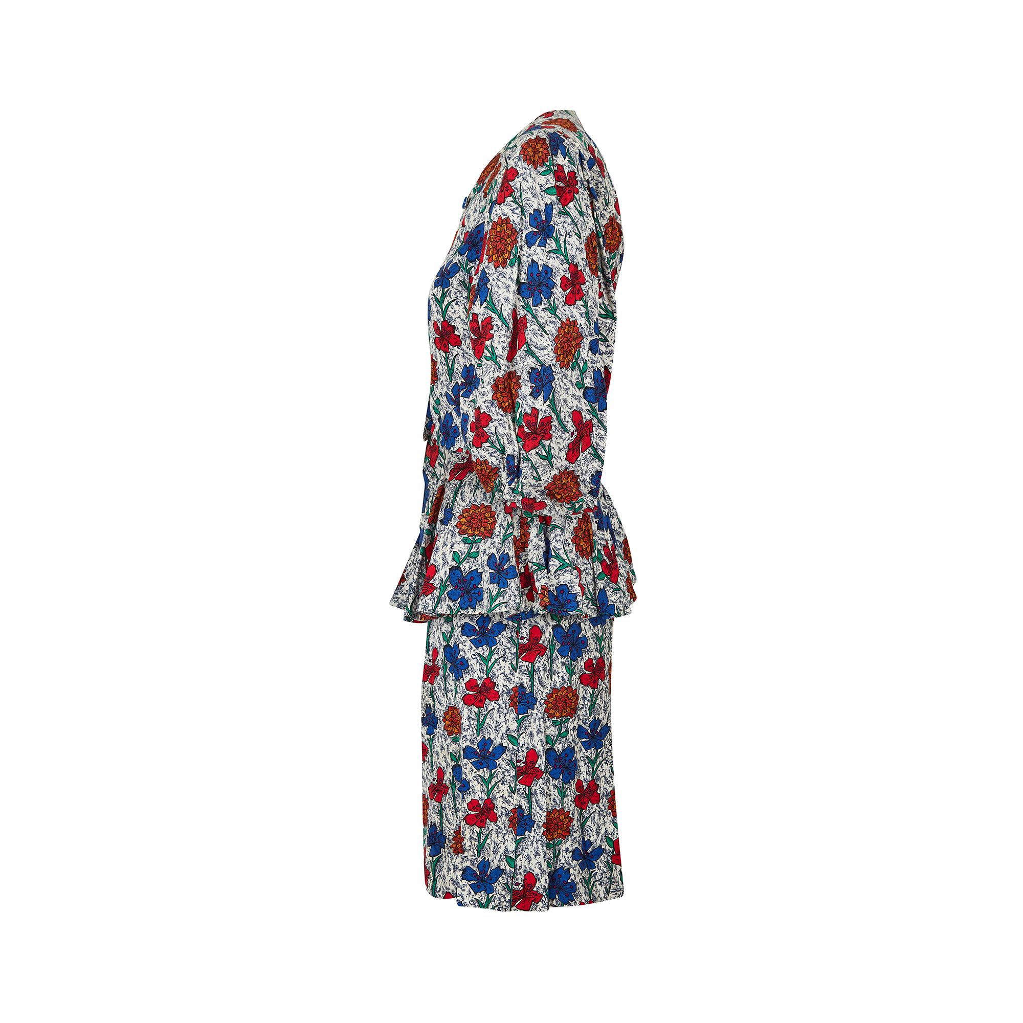 1980er Jean Muir Floral Cotton Peplum Skirt Anzug (Grau) im Angebot